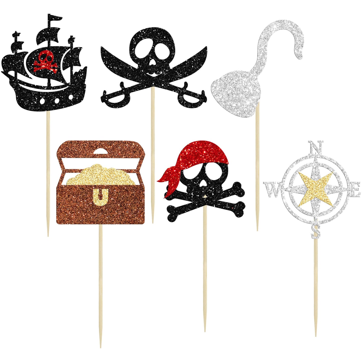 Gyufise 24Pcs Pirate Cupcake Toppers Glitter Nautical Sailing Skull Cap Flag Cupcake Picks For Pirate Theme Baby Shower Kids Bir