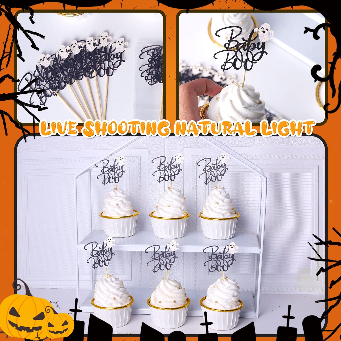 Rssta i Cupcake Toppers, 24 Pack Glitter Ghost Baby Boo Picks, 2.2x4.4 inches, Black, Model XM117-Black, Perfect for Halloween Parties