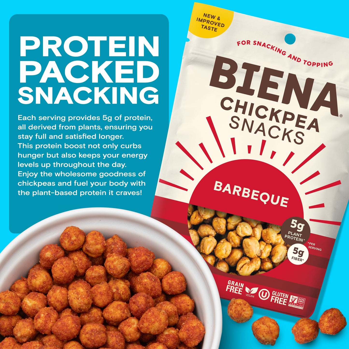 Biena Chickpea Snacks - Crunchy Roasted Chickpeas - High Fiber Vegan Protein Snacks For Adults And Kids - 4-Pack, 5 Ounce Bags -