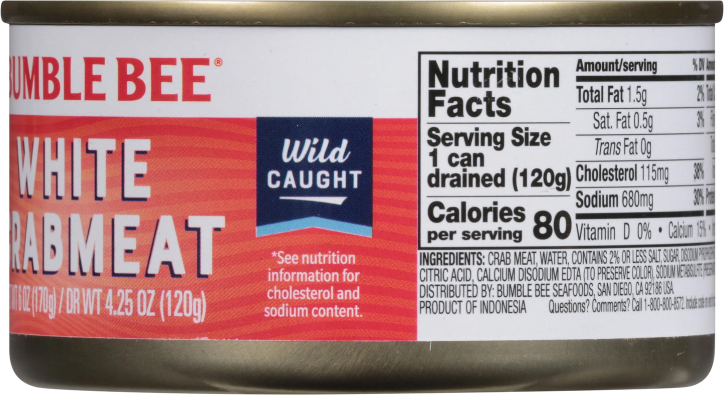Bumble Bee White Flake Crab Meat In Water, 6 Oz Can - 16G Protein & 1G Carb Per Serving - Wild Caught, Flaky, Drain Before Use, 6 Ounce (Pack Of 12)