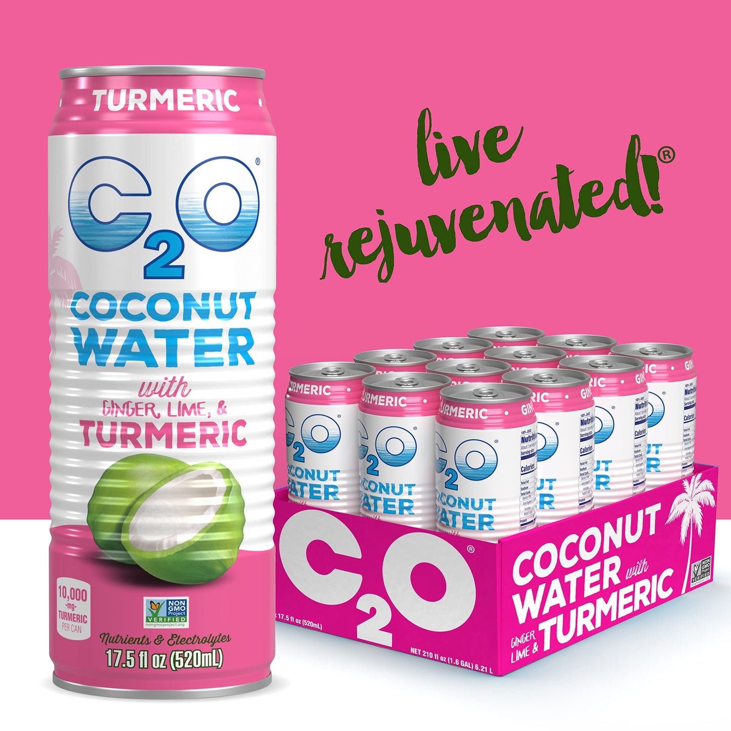 C2O Coconut Water with Ginger, Lime & Turmeric - 12 Pack, 17.5 FL OZ Cans - Plant-Based, Non-GMO Natural Hydration & Electrolytes