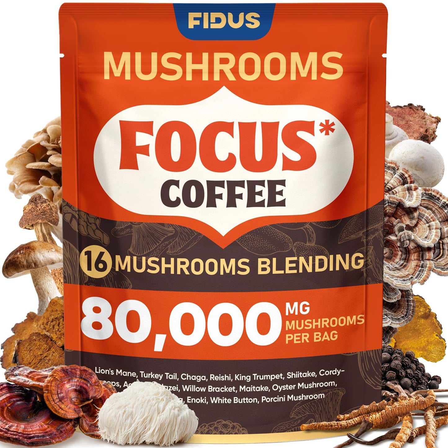 Fidus 16 in 1 Mushroom Coffee with 80 000mg Adaptogenic Mushrooms with Ashwagandha  Probiotic  Magnesium and Lions Mane Instant Mushroom Coffee for Focus  Energy  Immunity & Digestion  40 Servings
