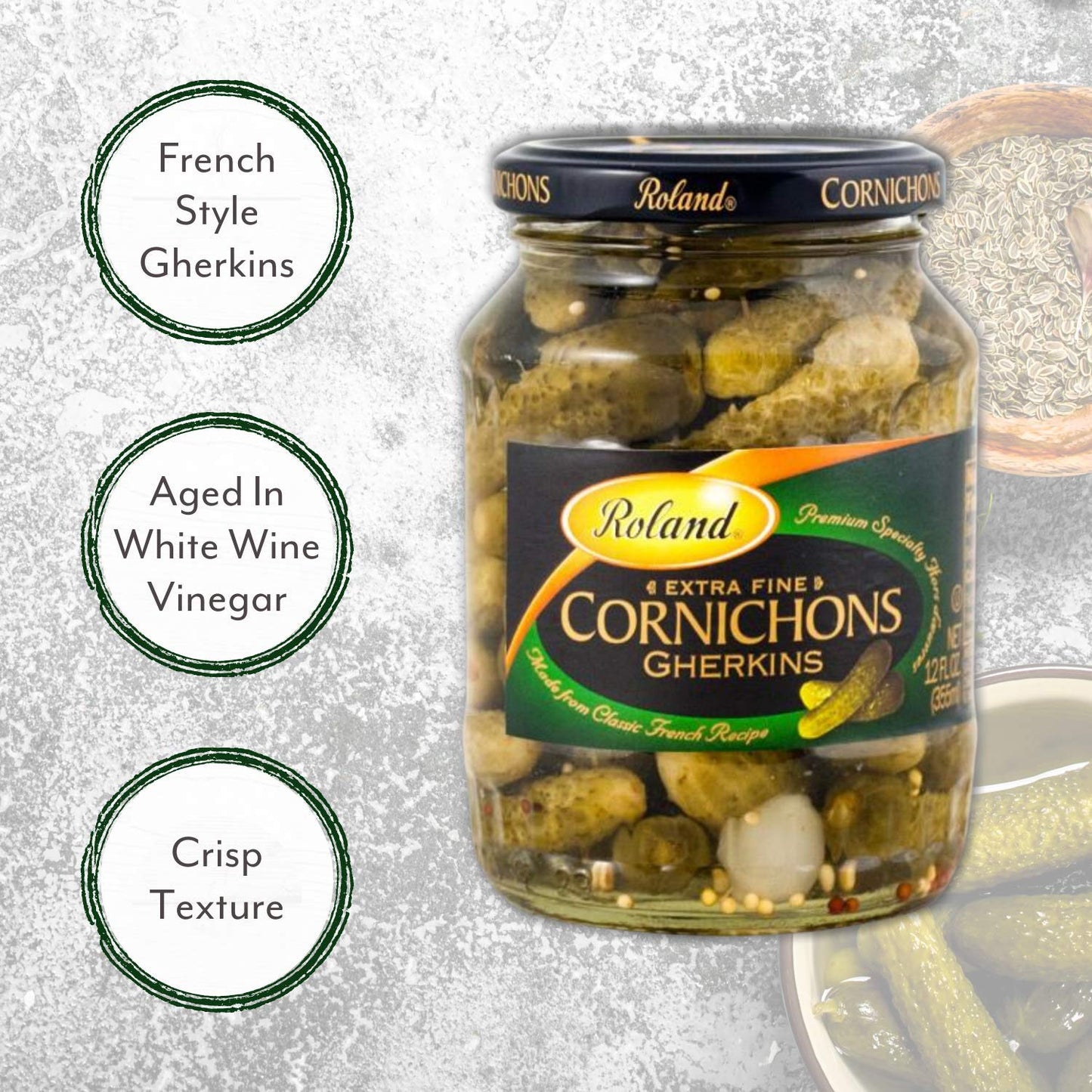 Roland Foods Extra Fine Cornichons, Classic French Recipe, 12 Oz