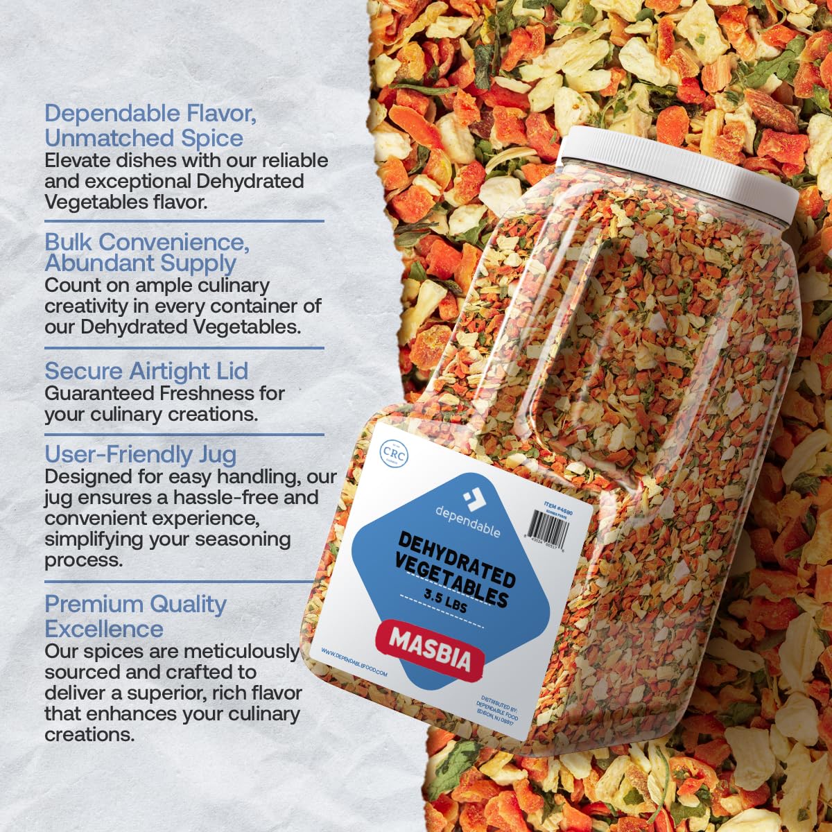 Dependable Foods Dehydrated Vegetables - 3.5 Lb. Bulk Jar - 100% Natural, Non-Gmo, Salt-Free, Gluten-Free | Kosher, | All- Natur