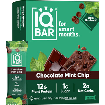 Iqbar Brain And Body Keto Protein Bars - Chocolate Mint Chip - 12-Count Energy Bars - Low Carb/Sugar - High Fiber Meal Replaceme