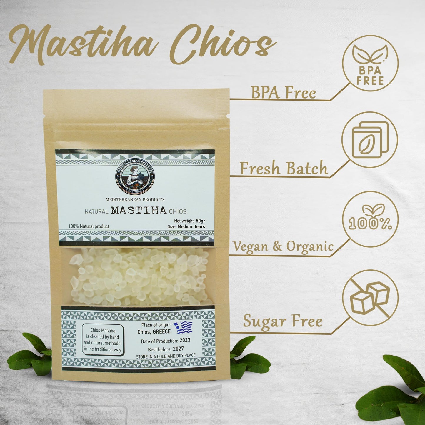 Organic Mastiha Chios 50G - 100% Natural Greek Mastic Gum, Gluten-Free & Sugar-Free Vegan Resin from Greek Farmers, Authentic Ma