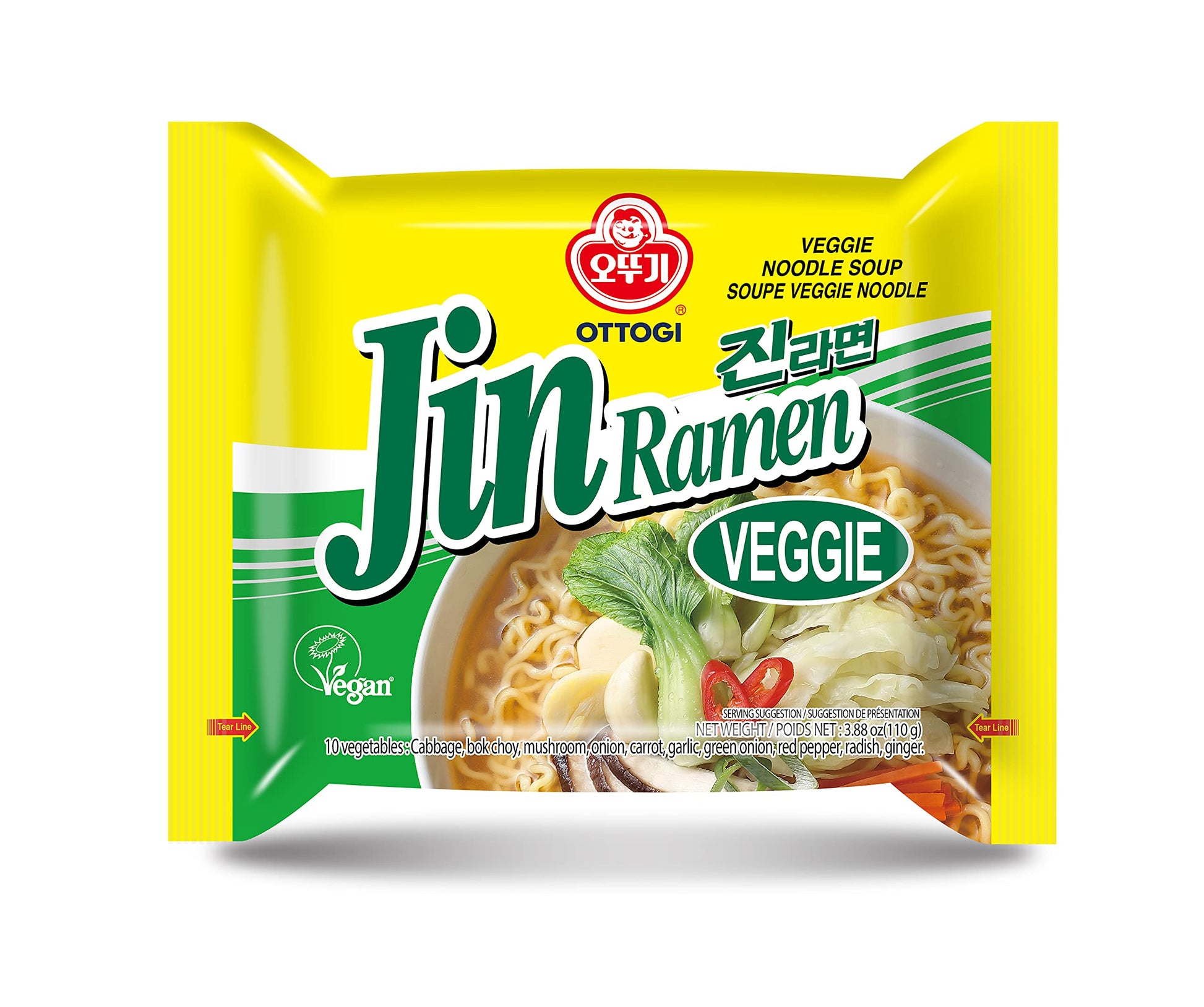 Ottogi Jin Ramen Veggie, Vegetable Ramen Soup, Korean Style Instant Vegan Noodle, Vegeterian Ramen 3.88Oz X 4 Pack