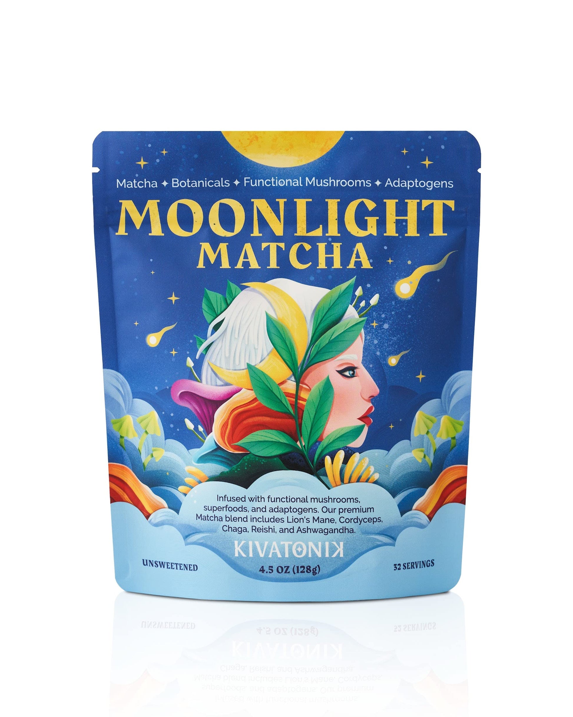 KIVATONIK Moonlight Matcha - Ceremonial Matcha with Organic Functional Mushrooms and Adaptogens - Lions Mane, Cordyceps, Chaga,