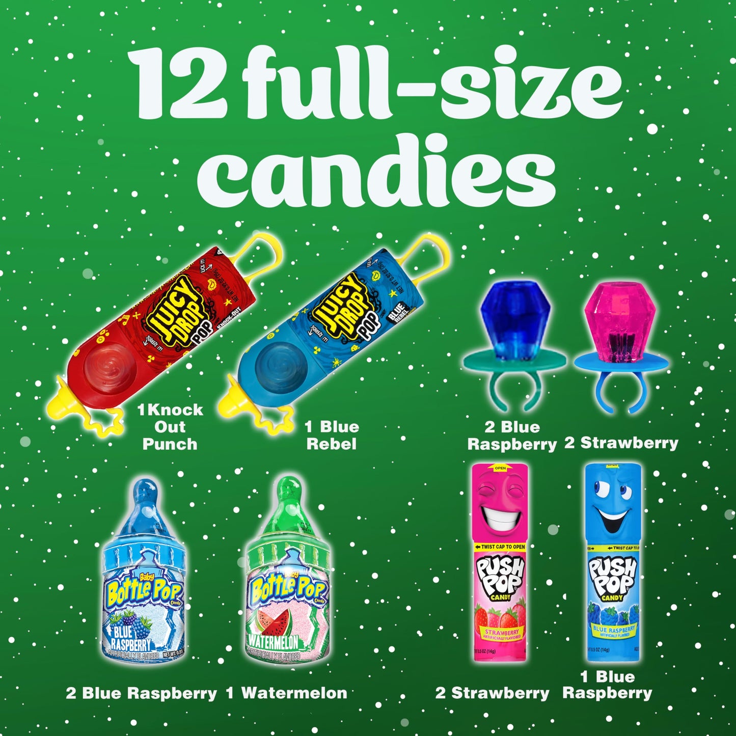 Christmas Candy Variety Pack Bag, 12 Ct Assorted Lollipops, Bulk Individually Wrapped Ring Pop, Push Pop, Baby Bottle Pop & Juic