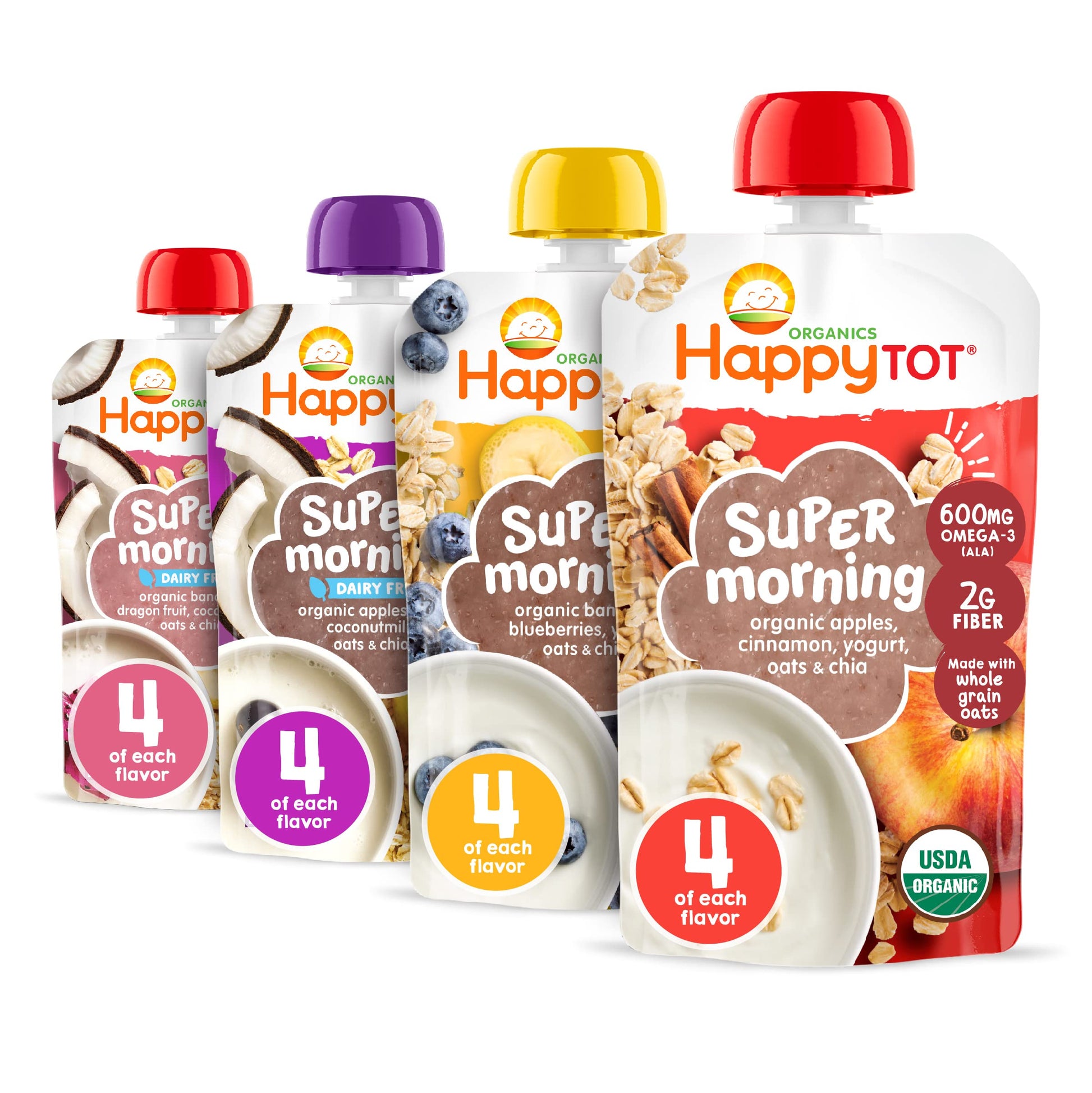 Happytot Organics Stage 4 Baby Food Pouches, Gluten Free, Super Morning Fruit & Oat Variety Pack Blend 4 Oz (Pack Of 16), Large Online Retailer Limited Availability