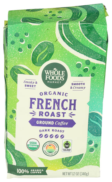 Whole Foods Market, Organic Ground Coffee, Dark French Roast, Smoky & Sweet, Smooth & Creamy, 12 Ounce