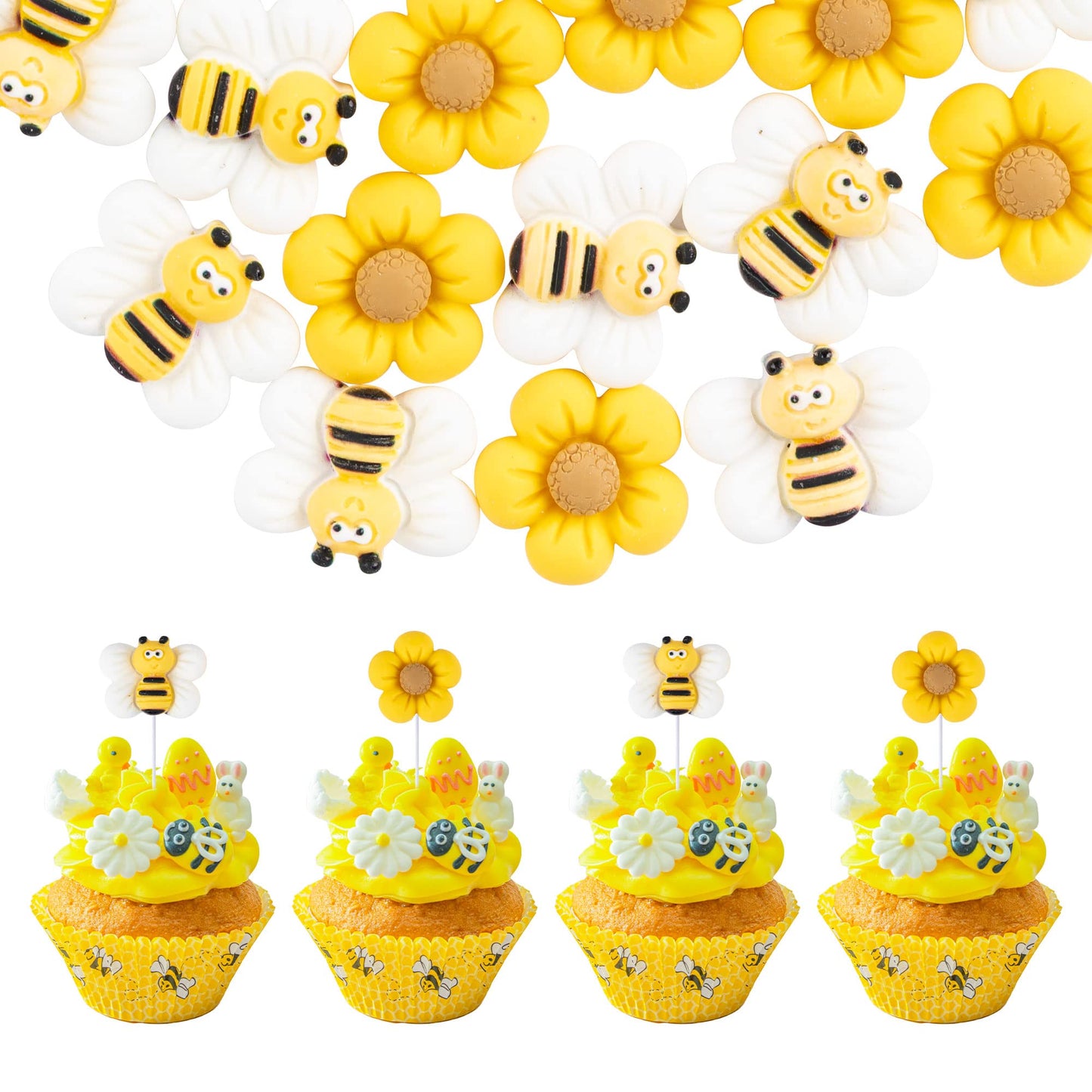 Gyufise 24Pcs Bumble Bee Cupcake Toppers Oh Babee Flower Cupcake Picks Babyshower Cake Decorations For Bee Theme Baby Shower Kid