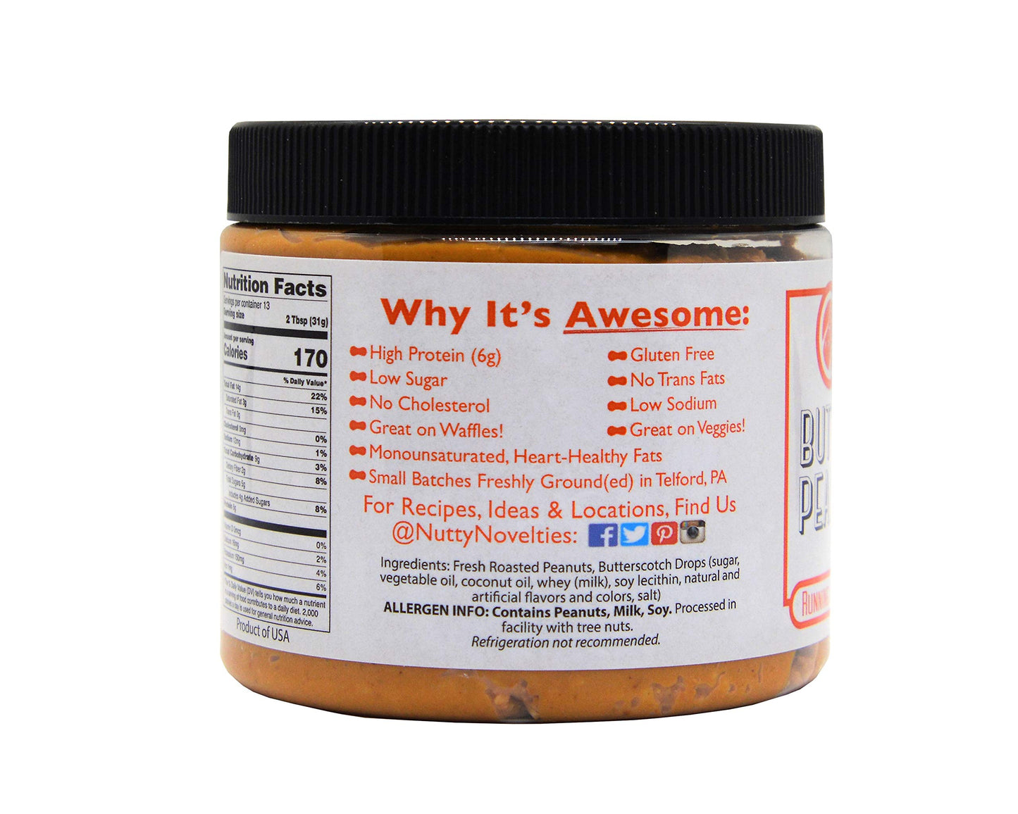 Nutty Novelties Butterscotch Peanut Butter - High Protein, Low Sugar Healthy Peanut Butter - All-Natural Peanut Butter Free of C