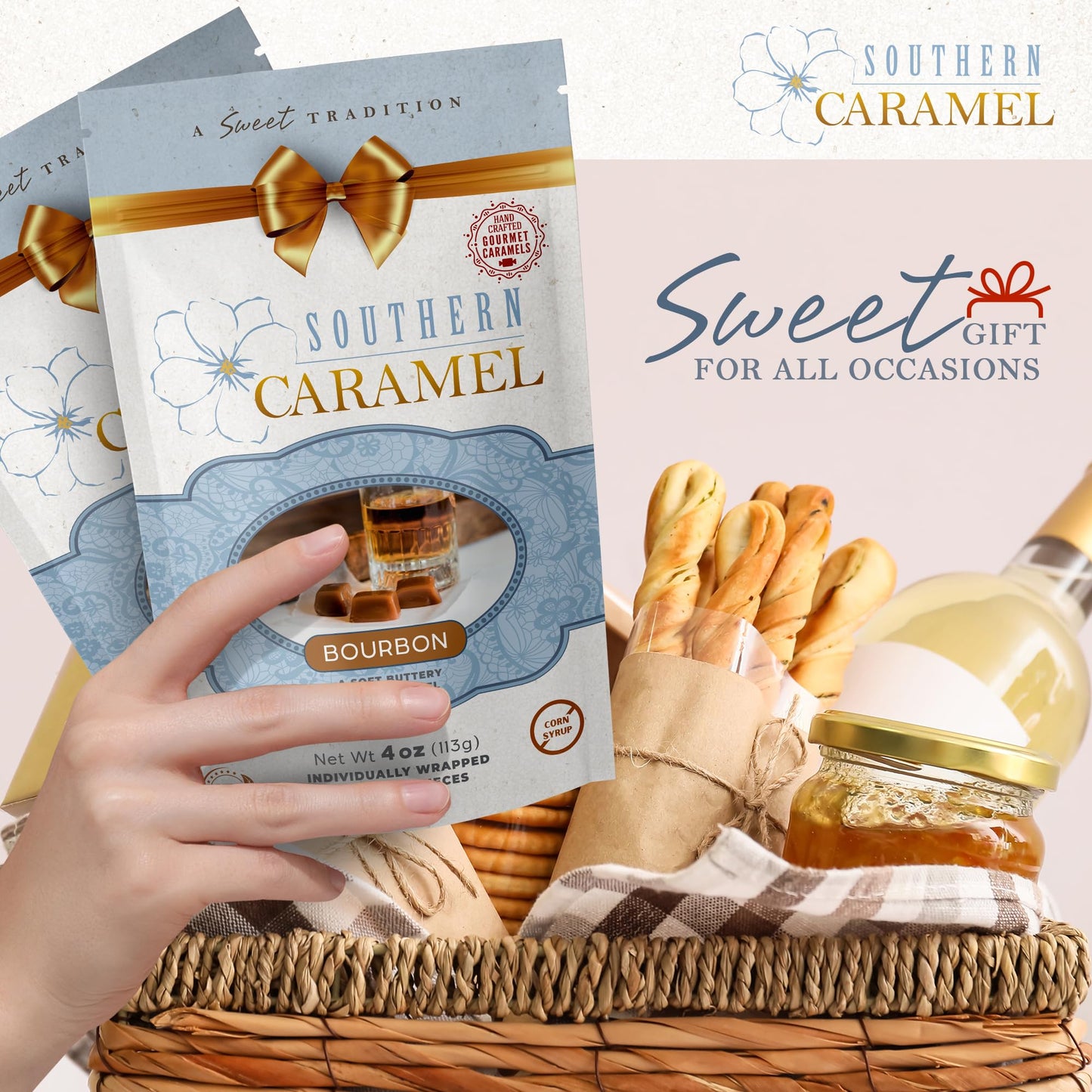 Southern Caramel Spirit-Inspired Flavor Caramels, Soft Buttery Gourmet Caramel Candy Infused With Smooth, Top-Shelf Spirit-Inspired Flavor, Handcrafted, Small Batch, Gluten Free, No Corn Syrup, Wrapped, Gift Ready Pieces, 4 Oz (Pack Of 1)