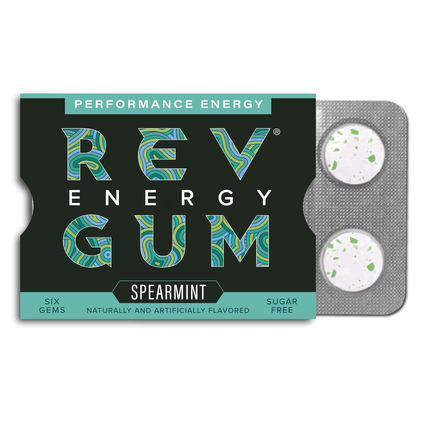 REV Caffeine Energy Gum, Spearmint, Sugar Free, Regular Strength, 60mg per Gum, 72 Count (12 Packs)