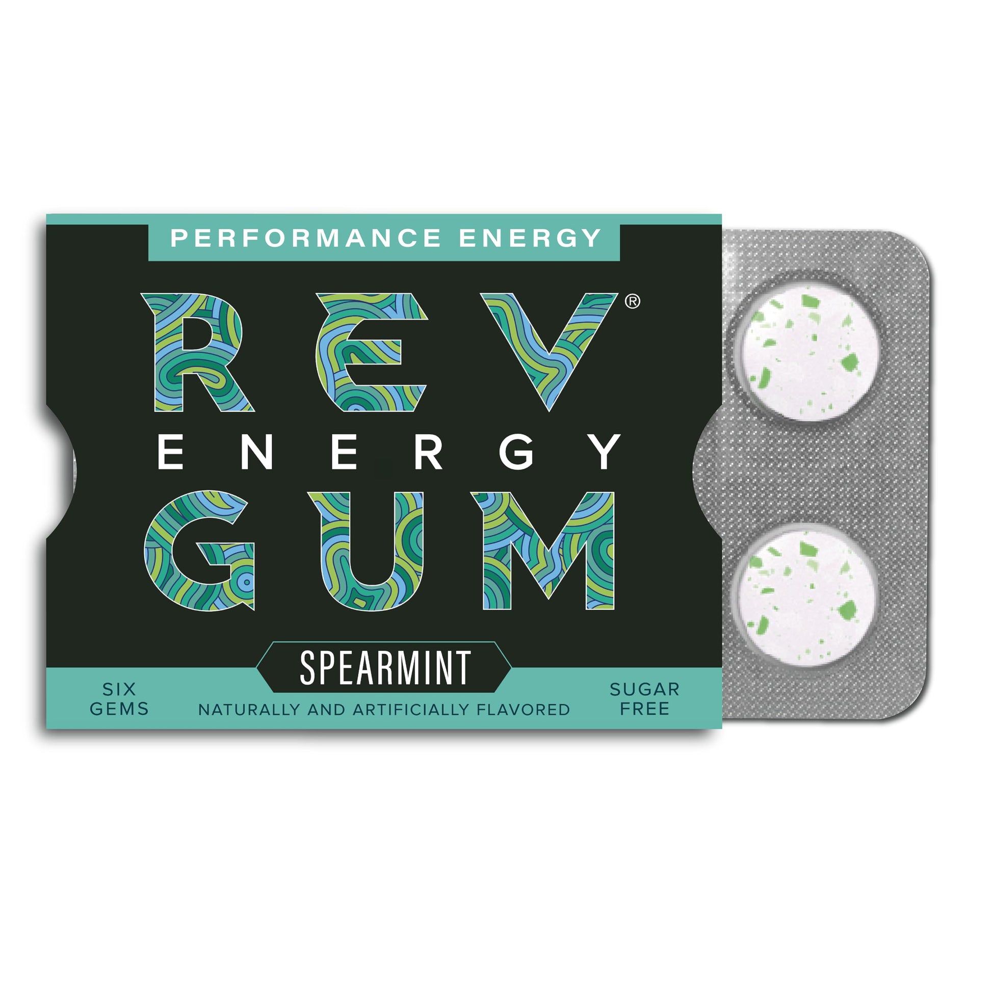 REV Caffeine Energy Gum, Spearmint, Sugar Free, Regular Strength, 60mg per Gum, 72 Count (12 Packs)
