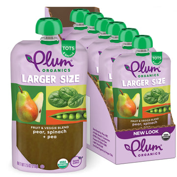 Plum Organics Tots & Beyond Pear Spinach & Pea Fruit & Veggie Blend, Kosher, Usda Certified Organic, Non-Gmo, 7.5 Ounce (Pack Of
