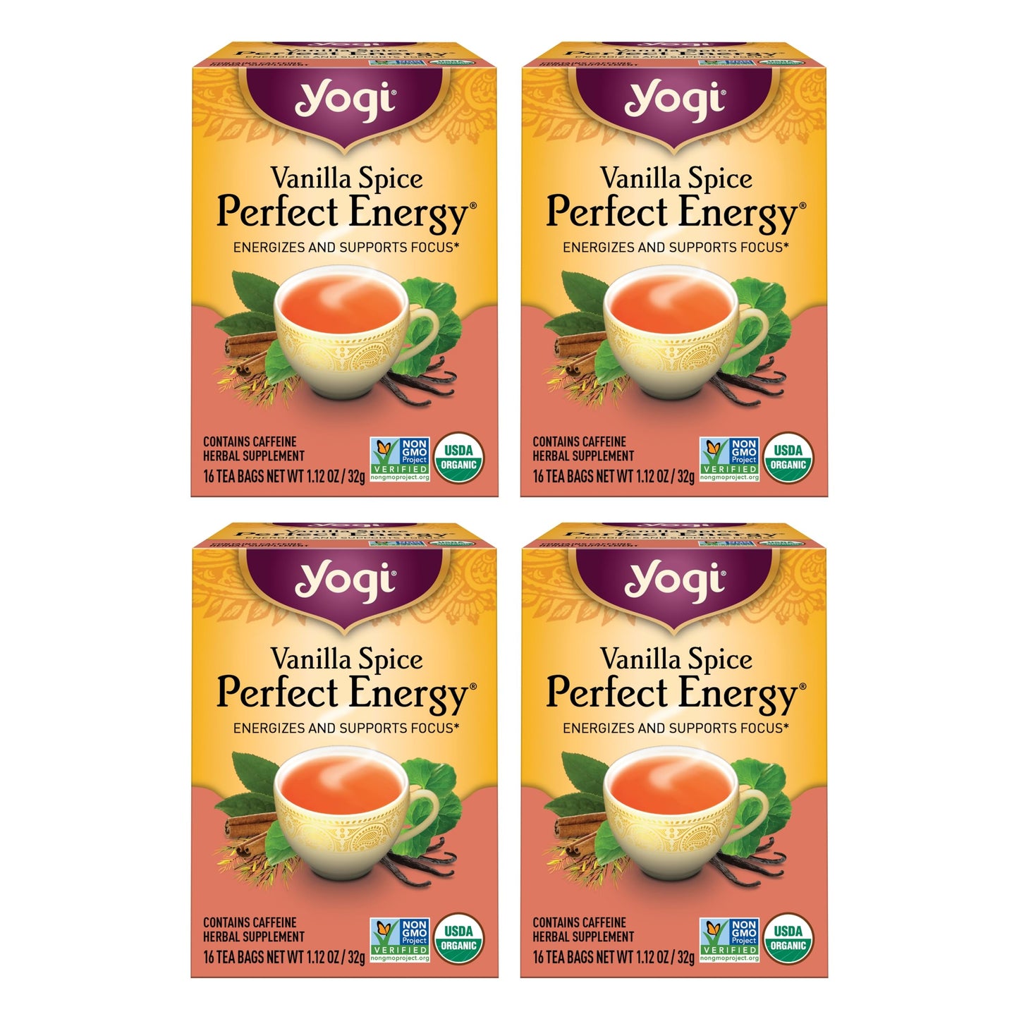 Yogi Tea Vanilla Spice Perfect Energy Tea - Assam Black Tea & Ginger Root - 64 Tea Bags - 16 Count (Pack of 4)