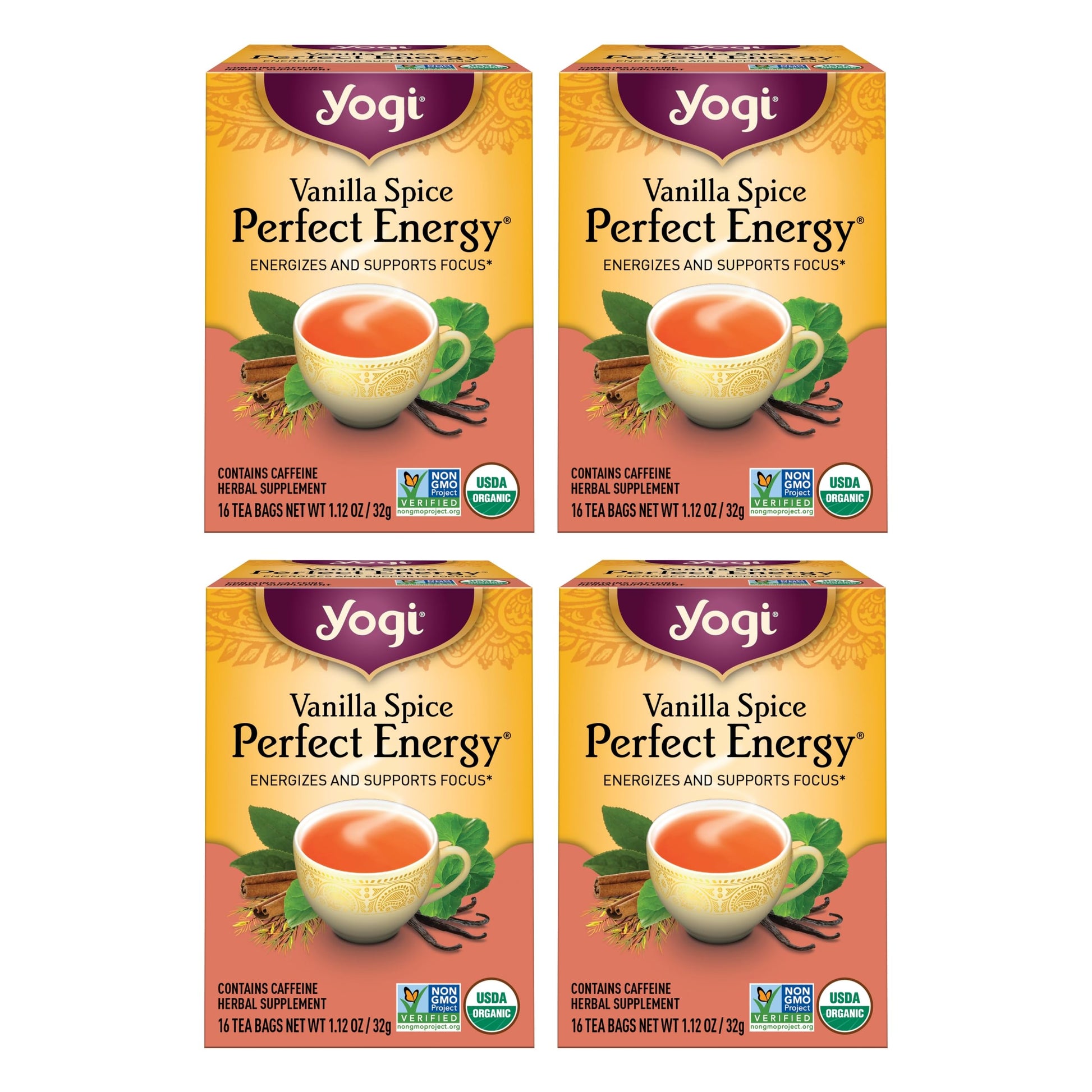 Yogi Tea Vanilla Spice Perfect Energy Tea - Assam Black Tea & Ginger Root - 64 Tea Bags - 16 Count (Pack of 4)
