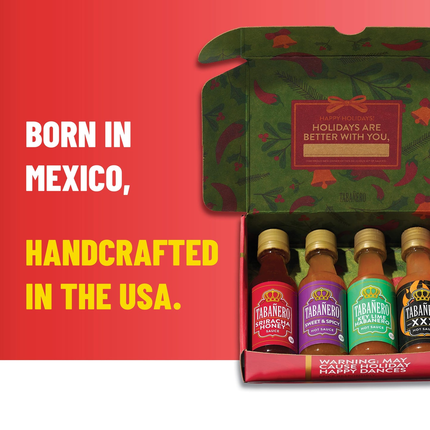Mini Hot Sauce Gift Set by Tabaero  Holiday Gift Box with Sriracha Honey  Sweet and Spicy  Key Lime and XXX Flavors  4-Pack  1.7oz Hot Sauce Bottles  All Natural  Gluten Free  Low Sodium  Kosher  Made in the USA