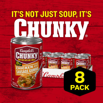 Campbell’s Chunky Soup Chicken and Sausage Gumbo, 16.1 Oz Can, Pack of 8 - Hearty, Flavorful Meal for Quick Lunch or Dinner