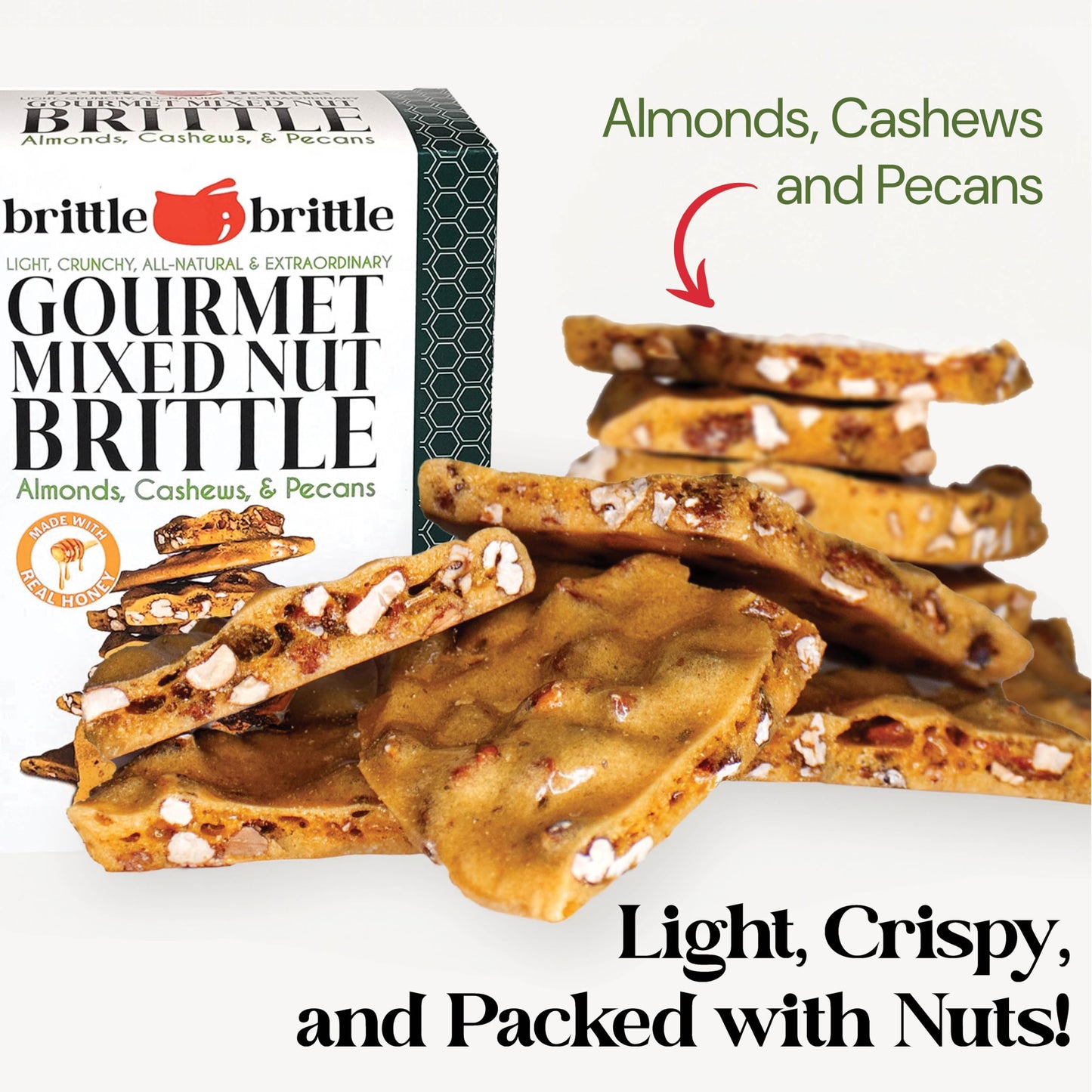 Brittle-Brittle Mixed Nut Brittle Candy, Handmade Gourmet Treat With Honey, Almonds, Cashews, Pecans, Gluten Free, Perfect Snack