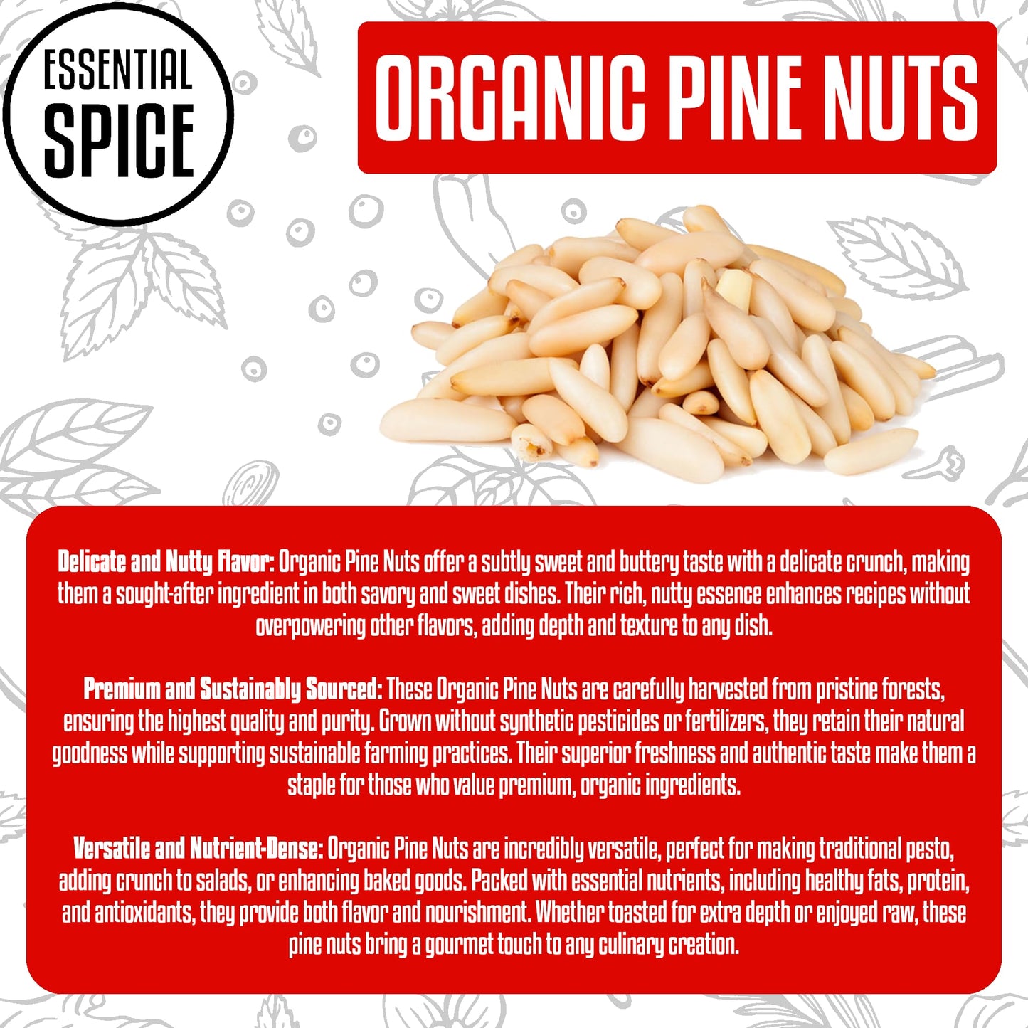 Essential Spice Organic Pine Nuts, 5 Lb - well-made Pignolias, Perfect for Cooking and Snacking