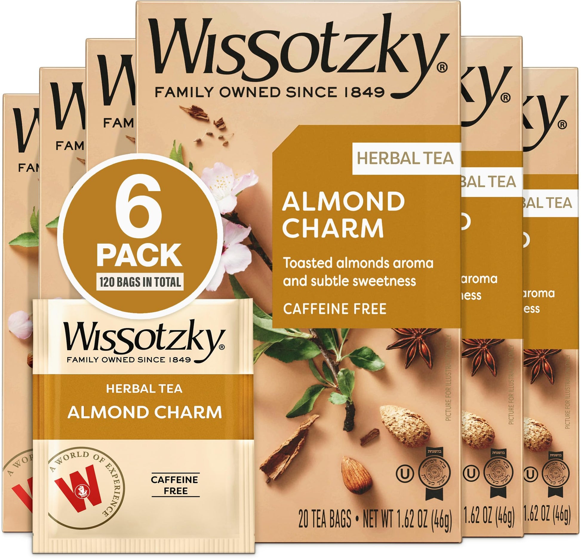 Wissotzky Almond Charm Herbal Tea Bags (6 Pack - 120 Tea Bags) | Caffeine Free | “Aka Chemdat Hashaked” | Delicious Aroma