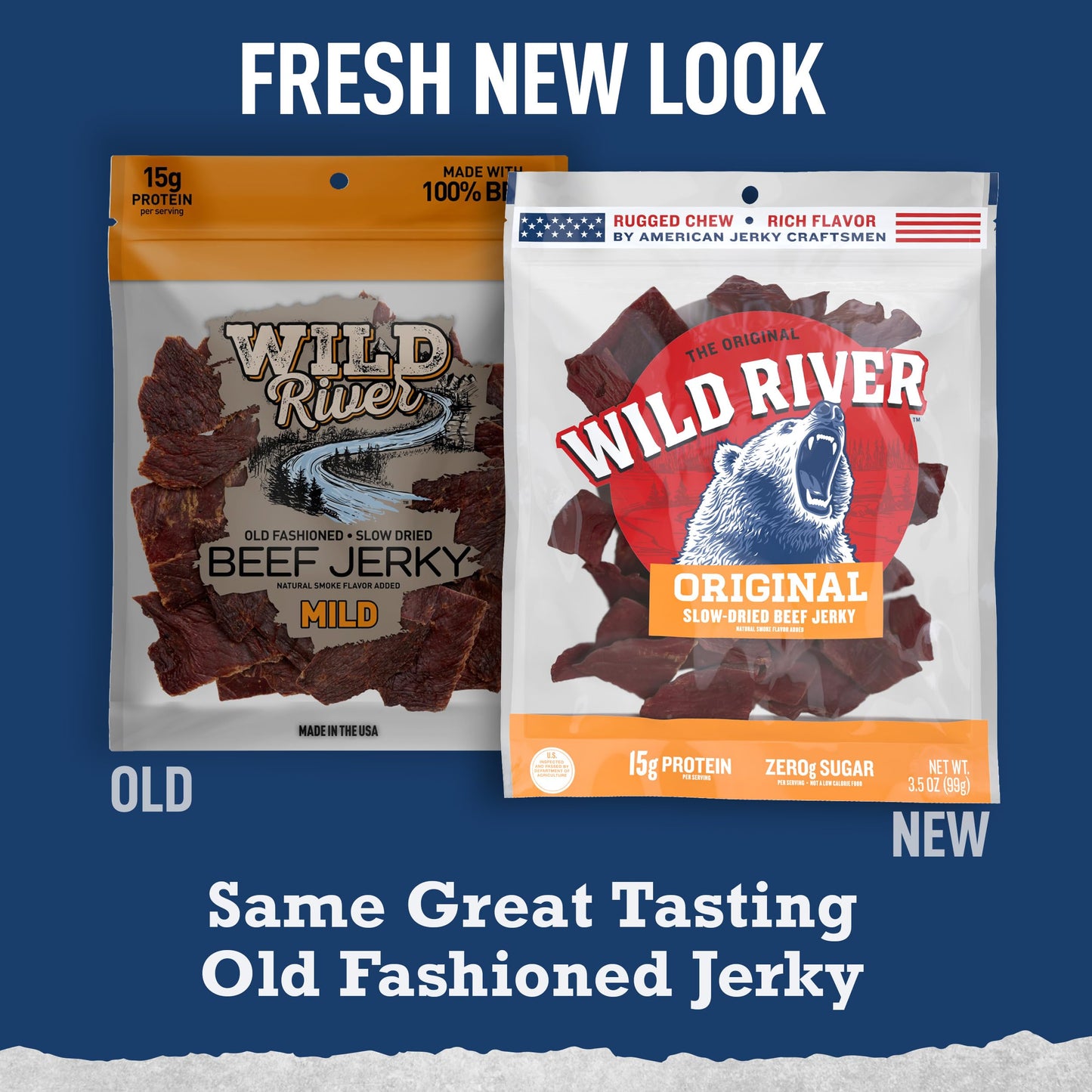 Wild River Beef Jerky, Old Fashioned 100% Gluten Free Protein Snacks, Savory Meat Snack, 15g Protein, 4 Count (3.5 Ounce Each)