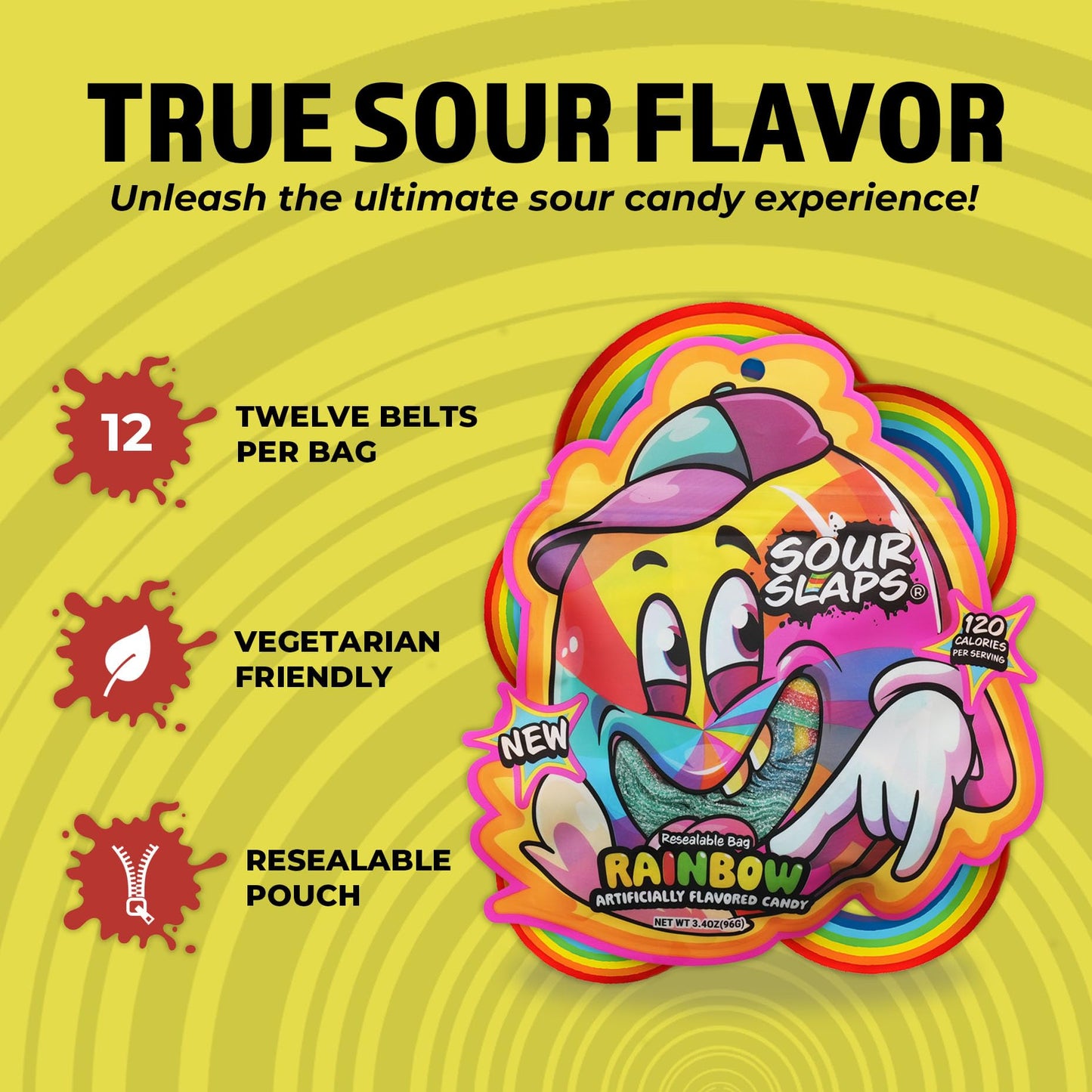 Sour Slaps 3-Pack Sour Candy Belts - Chewy, Vegetarian, 8 Flavors, Rainbow, Multi-color, Medium Size