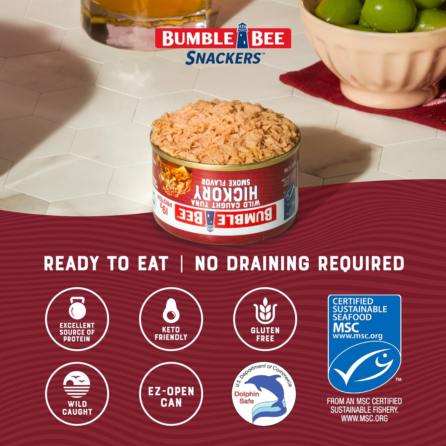 Bumble Bee Snackers - Hickory Smoke Tuna  3 oz Easy Open Can - 19g Protein per Serving - Wild Caught Skipjack Chunk Light Tuna Pack - No Draining  Ready to Eat (Pack of 16)