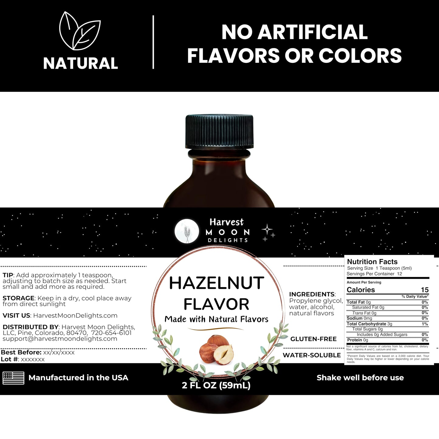 Natural Hazelnut Extract - 2 Oz - Water-Soluble - By Harvest Moon Delights - Hazelnut Extract For Baking, Ice Cream, Drinks, And