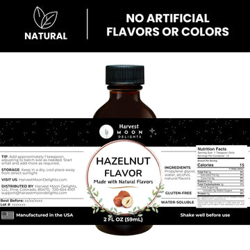 Natural Hazelnut Extract - 2 Oz - Water-Soluble - By Harvest Moon Delights - Hazelnut Extract For Baking, Ice Cream, Drinks, And