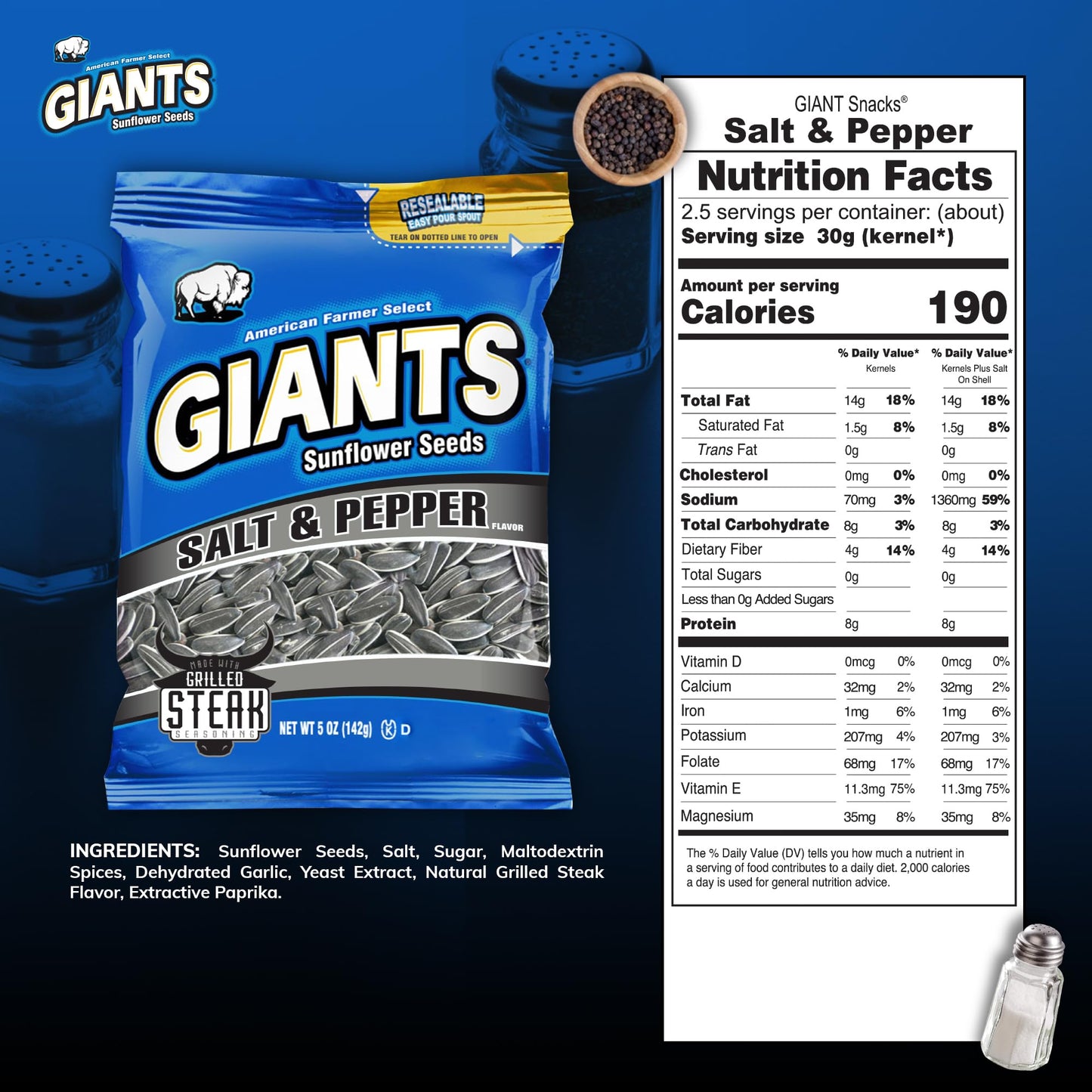 Giants Salt & Pepper Sunflower Seeds - Sunflower Seeds Bulk, Cracked Pepper Sunflower Seeds To Eat, Flavored Healthy Snack With