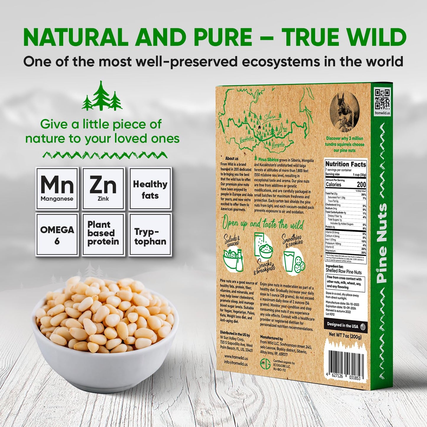 From Wild Fresh Organic Pine Nuts 7Oz Certified Vegan Kosher Unsalted Pignolias - Siberian Pine Nuts For Pesto, Raw Nuts, Medite
