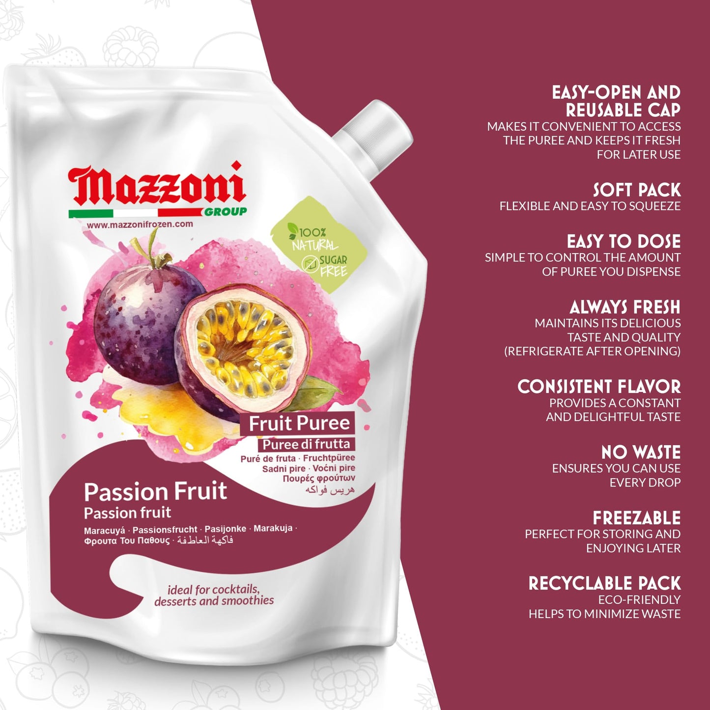 Mazzoni Passion Fruit Puree, 100% Pure Passion Fruit, Maracuya, Just Fruit, No Sugar Added, 2.2 Lbs (35.2 Oz) Real Fruit For Smo