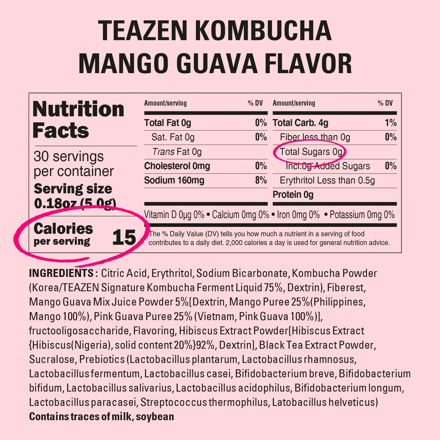 TEAZEN Mango Guava Kombucha Tea, Sugar Free, Live Probiotics, 30 Servings, Hydration Drink Mix