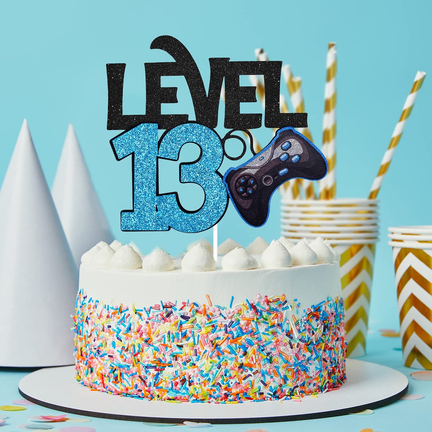 Level 13 Game Birthday Cake Topper - Video Game Boys 13Th Birthday Level Up Party Blue Cake Supplies - Game On Winner Gaming Party Decoration