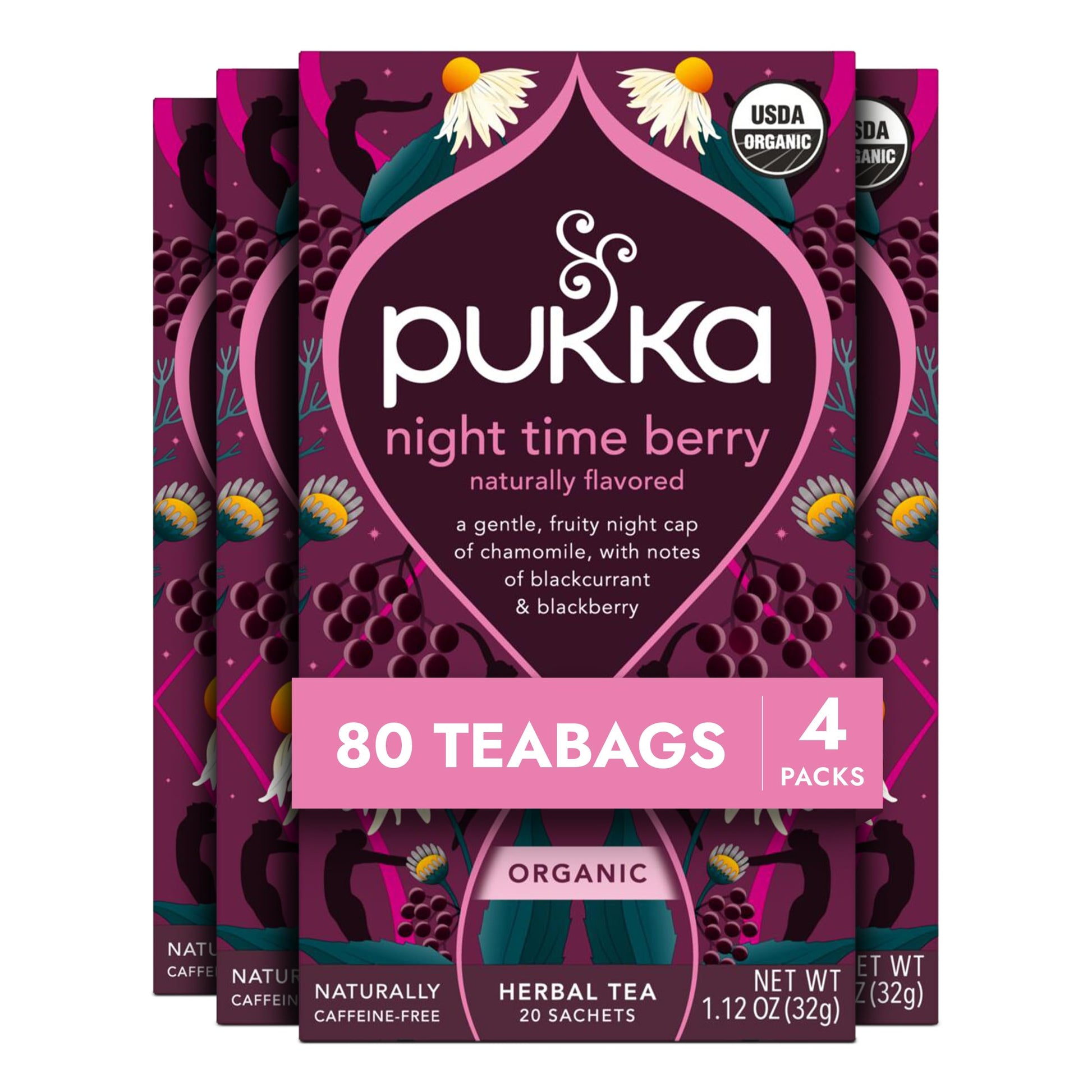 Pukka Night Time Berry Organic Herbal Tea  Soothing Infusion With Chamomile  Lavender & Elderberry  Tea Gift Set For Bedtime Relaxation  Energy Blend Free  80 Total Bags (20Ct - Pack Of 4)