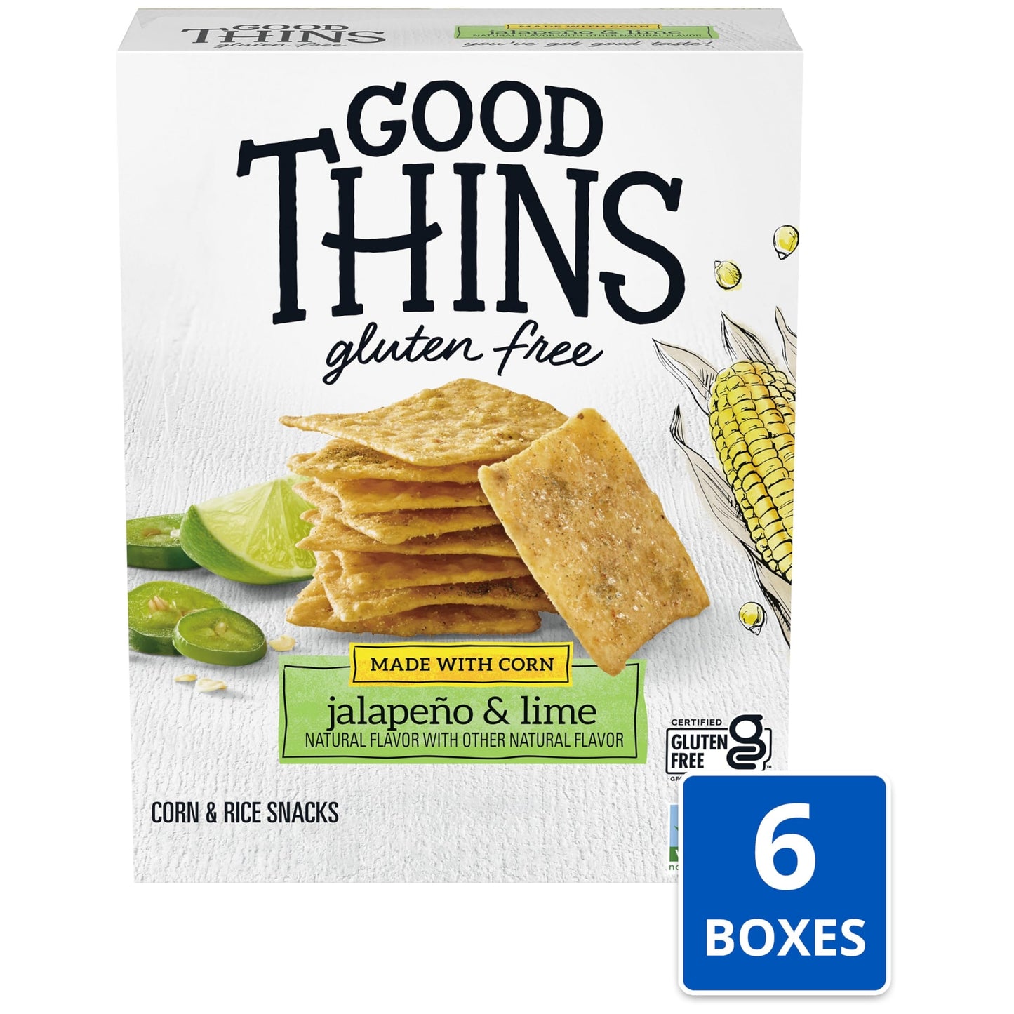 Good Thins Jalapeo & Lime Corn & Rice Snacks Gluten Free Crackers, Bulk Snack Crackers, 6 - 3.5 oz Boxes