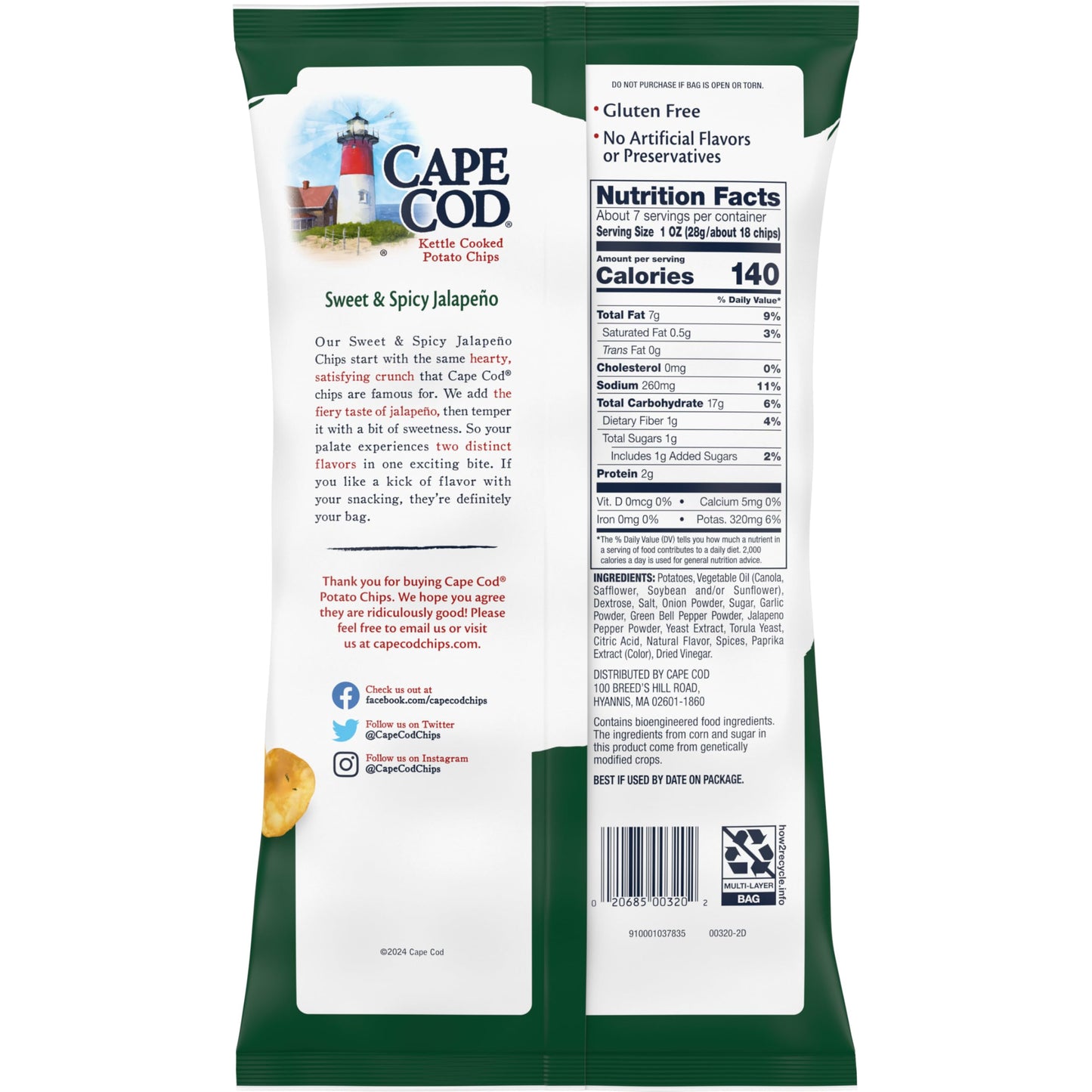 Cape Cod Sweet & Spicy Jalapeno Kettle Chips, 7.5 Oz, Pack of 1