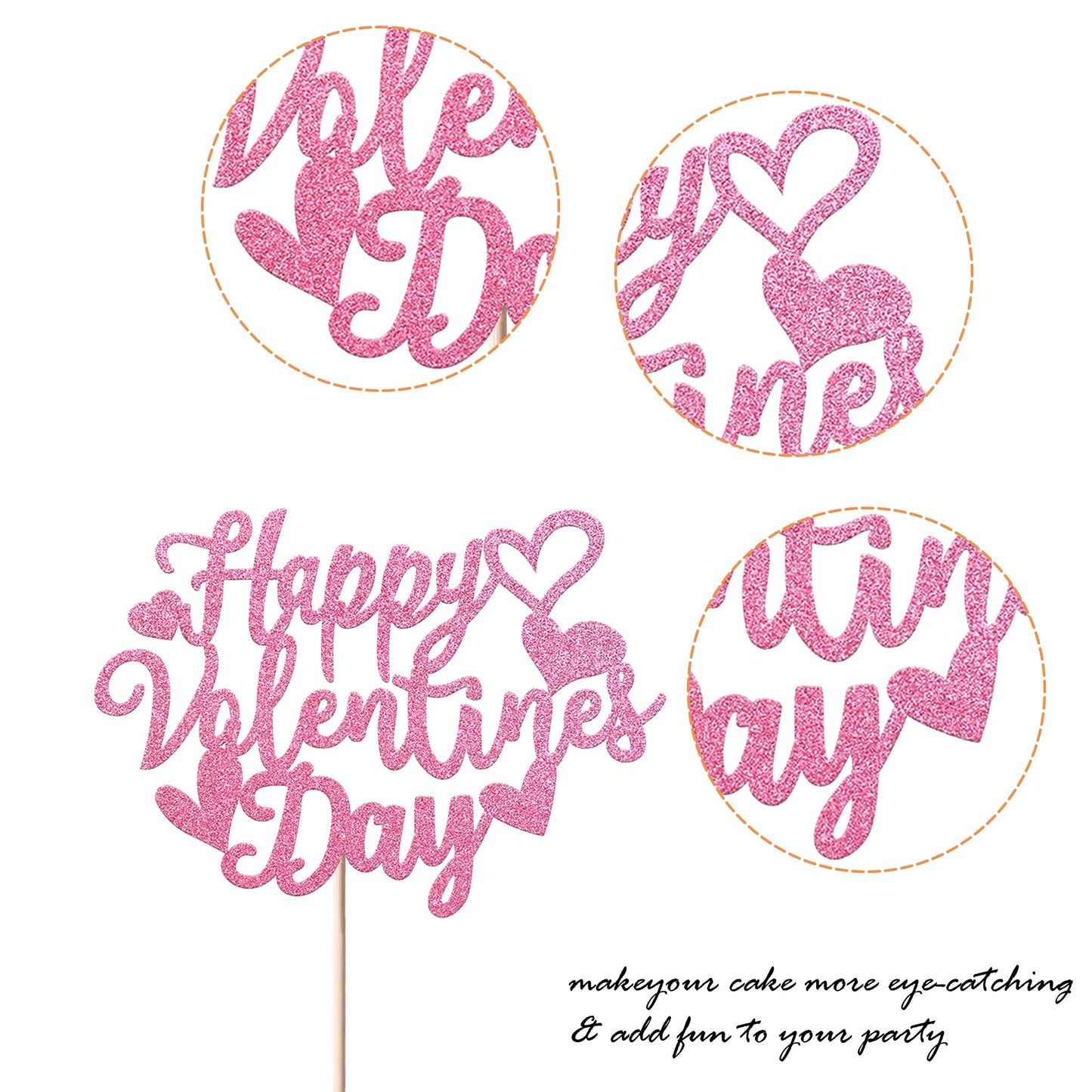 YCTHUNFISH Valentines Day Cake Topper - Glitter Heart Design, Bamboo, Pink, for Engagement & Birthday Party Decorations