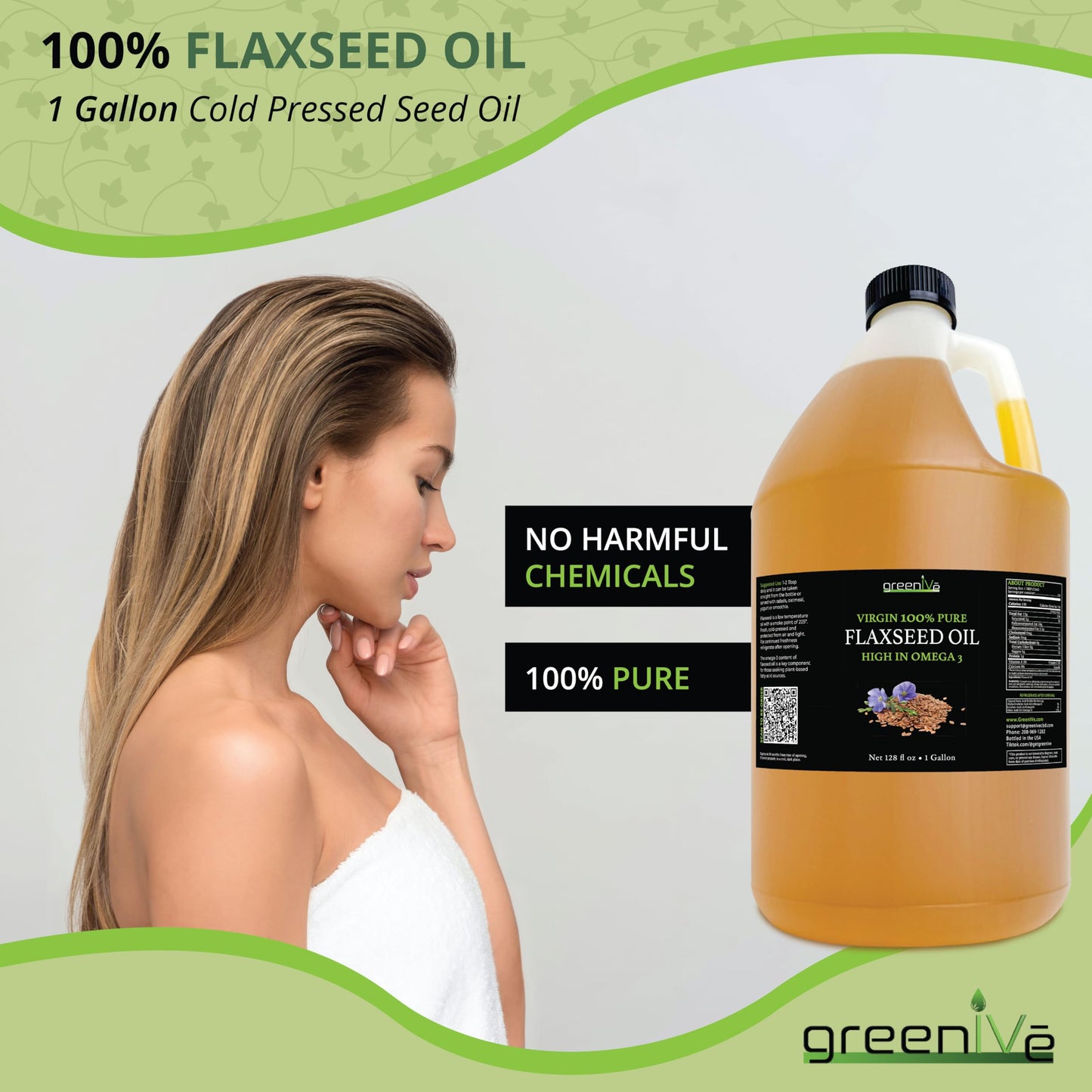 Greenive Flax Seed Oil Organically Grown100% Pure Cold Pressed High Vegan Omega Fatty Acids (128 Fl Oz)