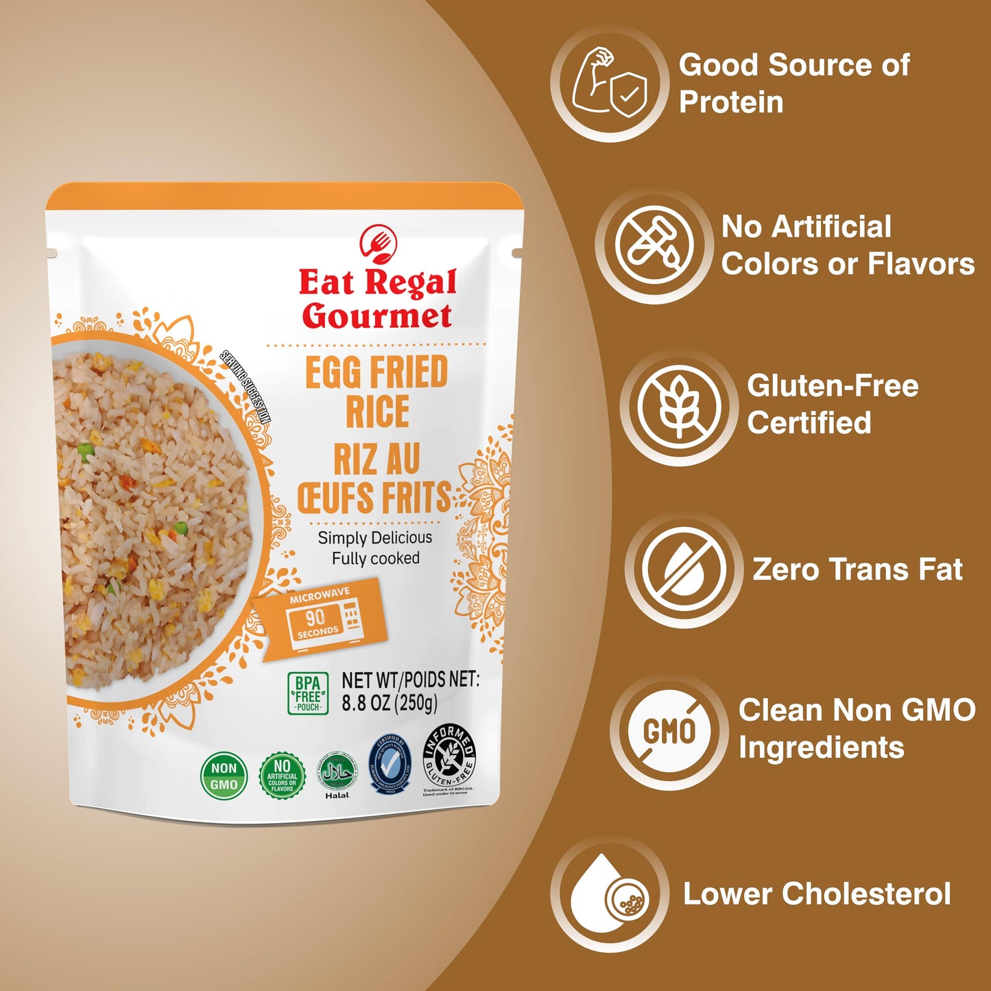 Eat Regal Gourmet Egg Fried Rice, 8.8 oz Pouches, Pack of 6, Microwave Ready, Halal