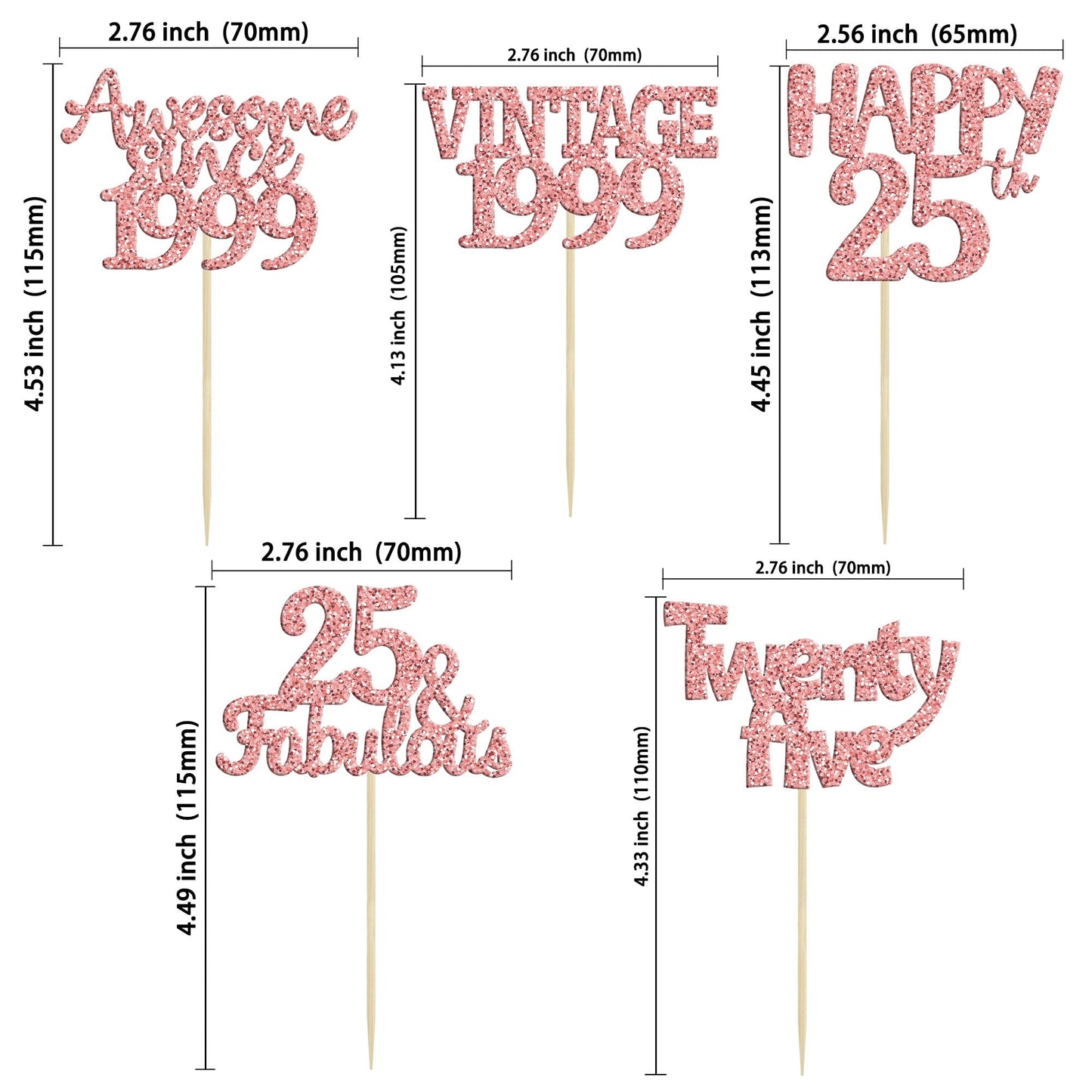 Gyufise 30Pcs Rose Gold Vintage 1999 Cupcake Toppers Glitter Happy 25Th Cheers To 25 Fabulous 25Th Birthday Cupcake Picks 25Th B