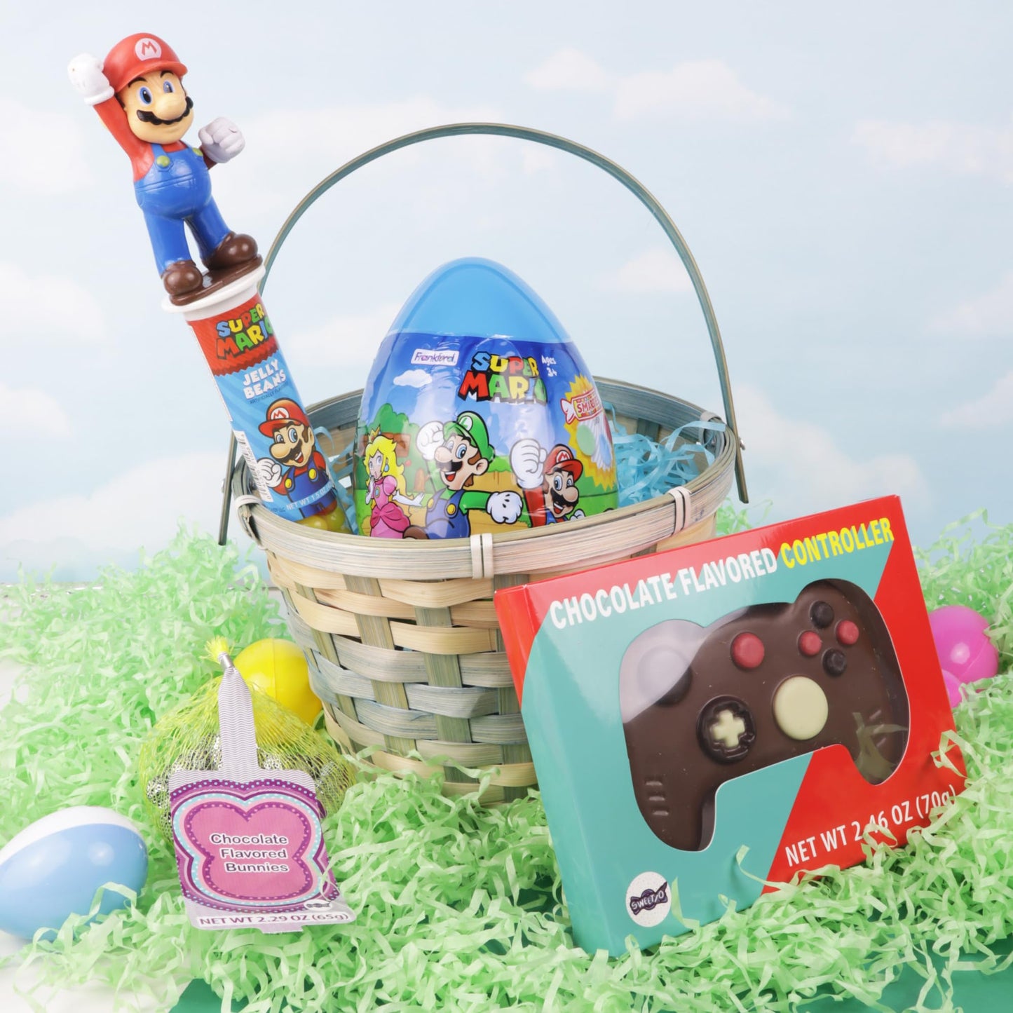 Sweetzo Easter Basket Candy Gift Set for Gamers, 4 Items, Medium Size, Includes Super Mario Egg, Jelly Beans, Chocolate Controller, Mini Bunnies
