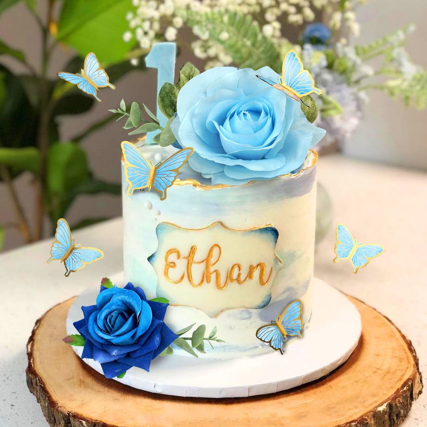 19 Pcs Flower Cake Toppers Butterfly Happy Birthday Cake Decorations With Artificial Blue Rose Flowers Eucalyptus Butterflies Fo