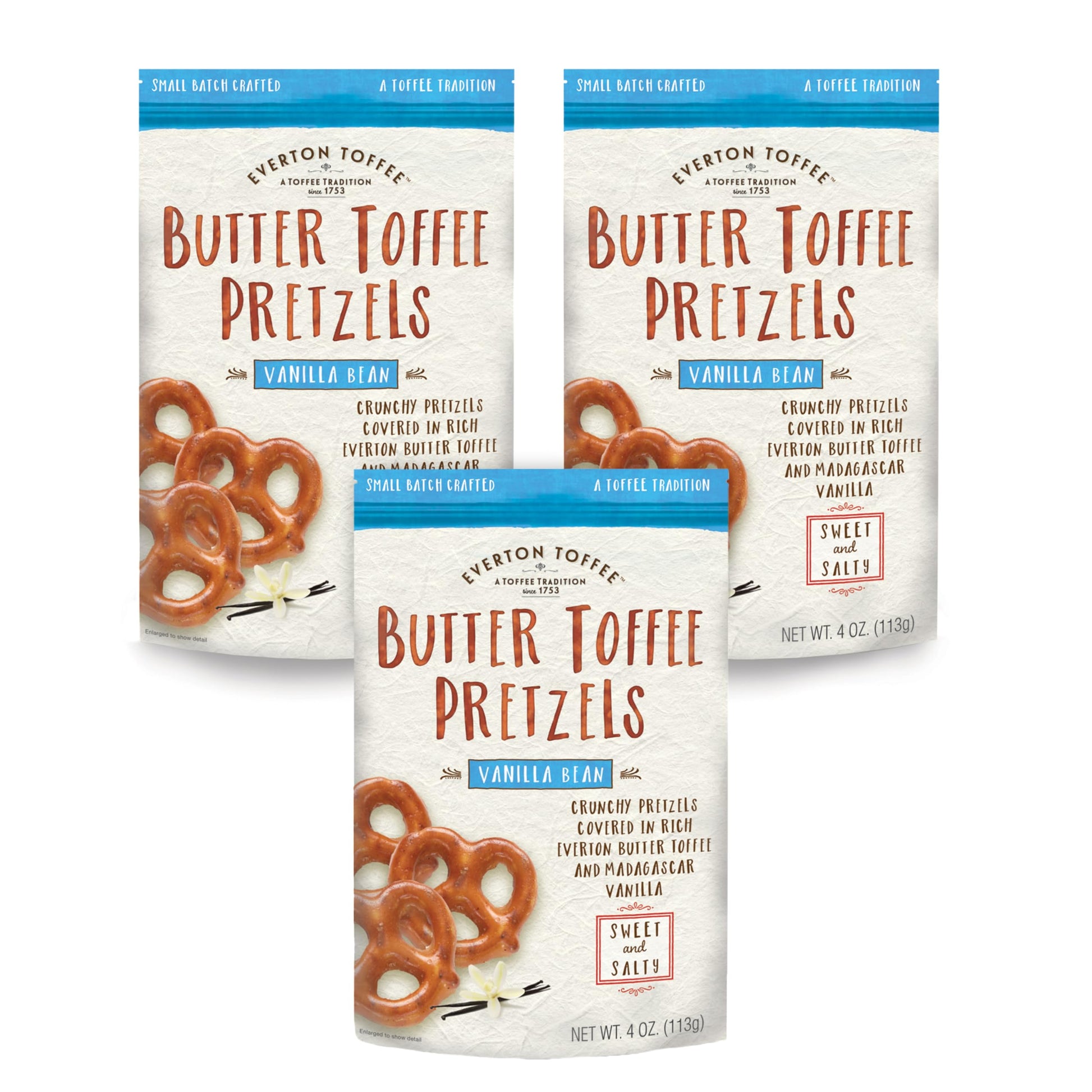 Everton Toffee Vanilla Bean Flavor Butter Toffee Pretzels, 3 Bags (4 oz Each), Sweet & Salty Gourmet Pretzel Snack, Small Batch 