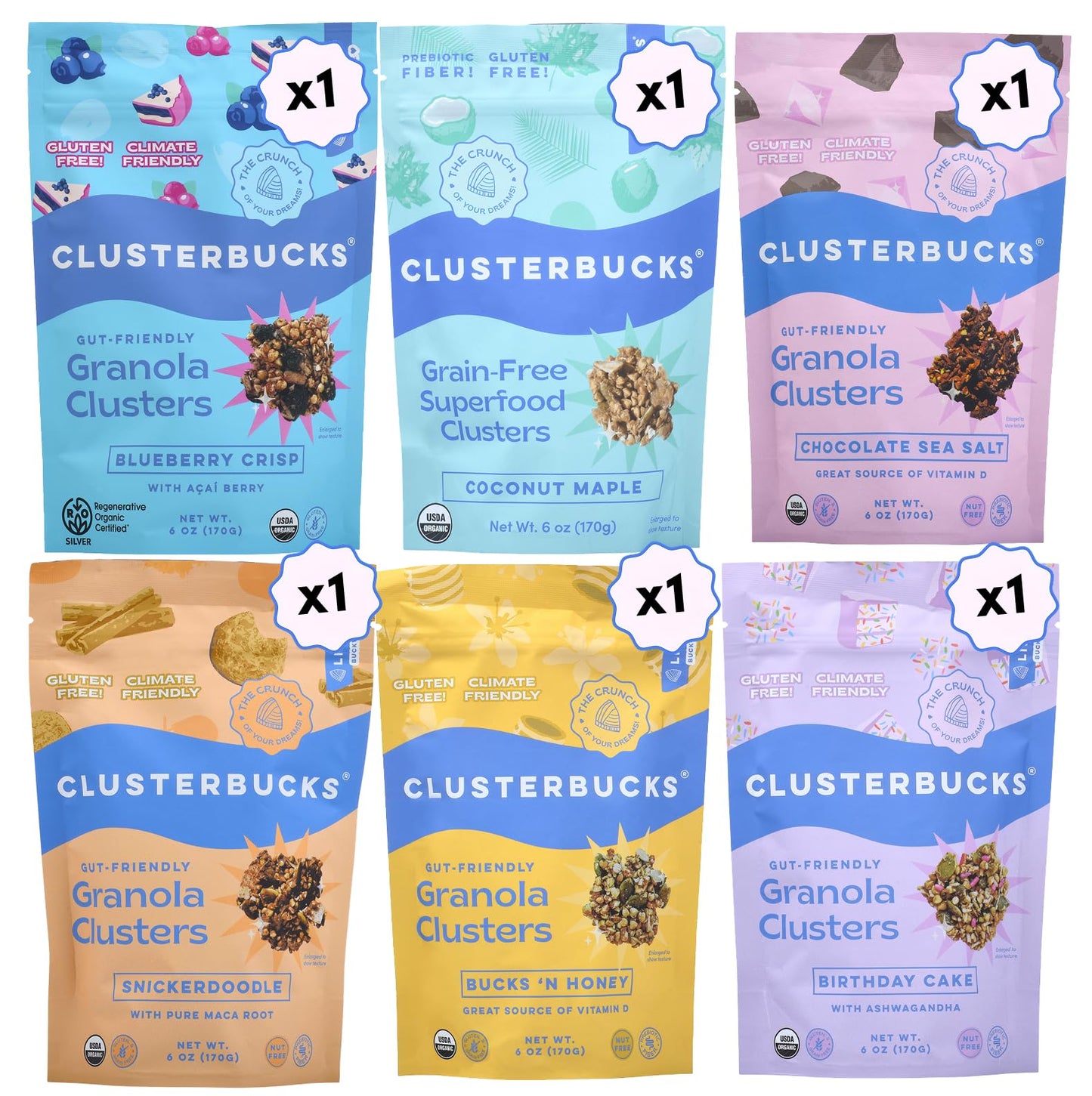 Lil Bucks Clusterbucks Superfood Clusters - Grain-Free Keto Granola, Gluten-Free, Organic, 6 Ounce (Pack of 6), Variety #1