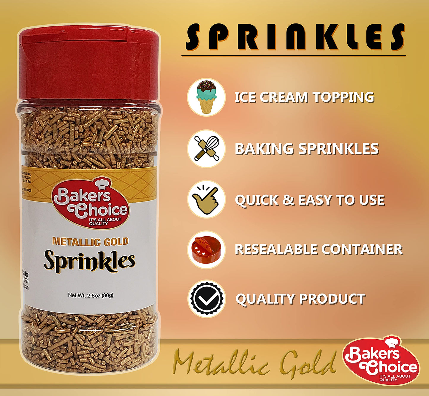 Bakers Choice Metallic Gold Sprinkles - Jimmies for Ice Cream Toppings, Dairy Free, Kosher, 2.8 oz.